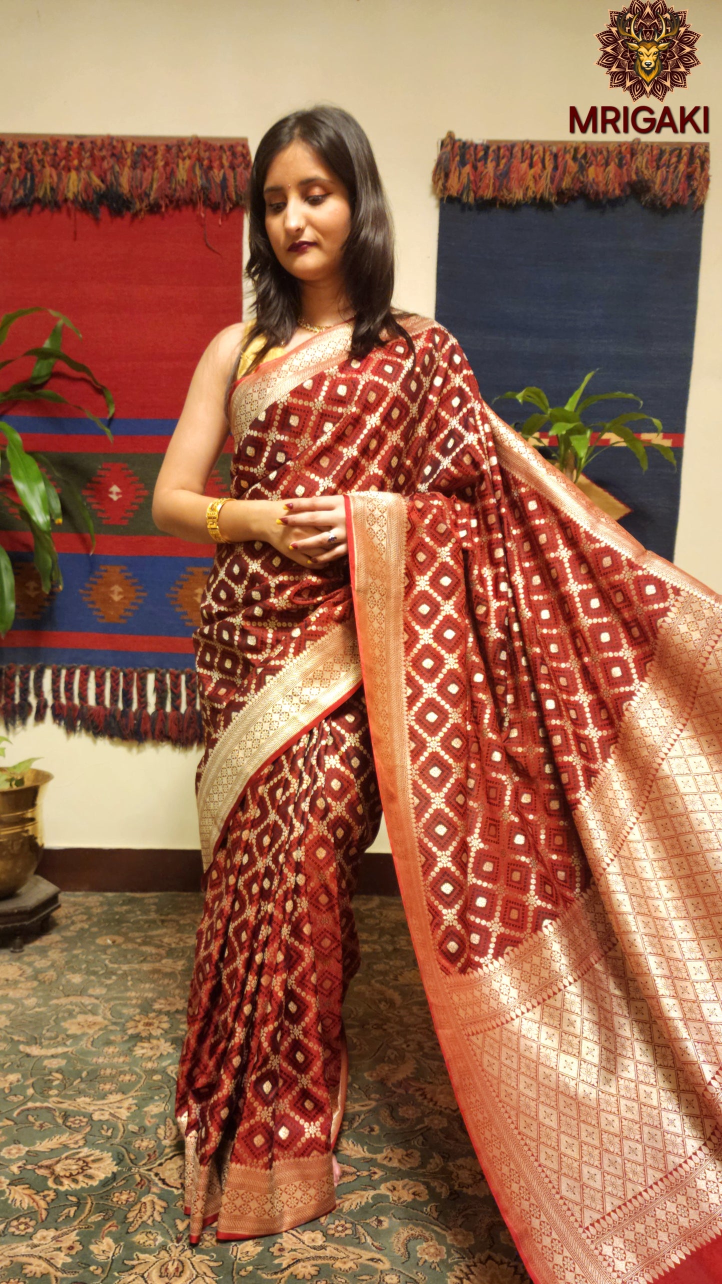 Pure Dupion Silk Banarasi Saree in Black Maroon contrast with Golden Cheques