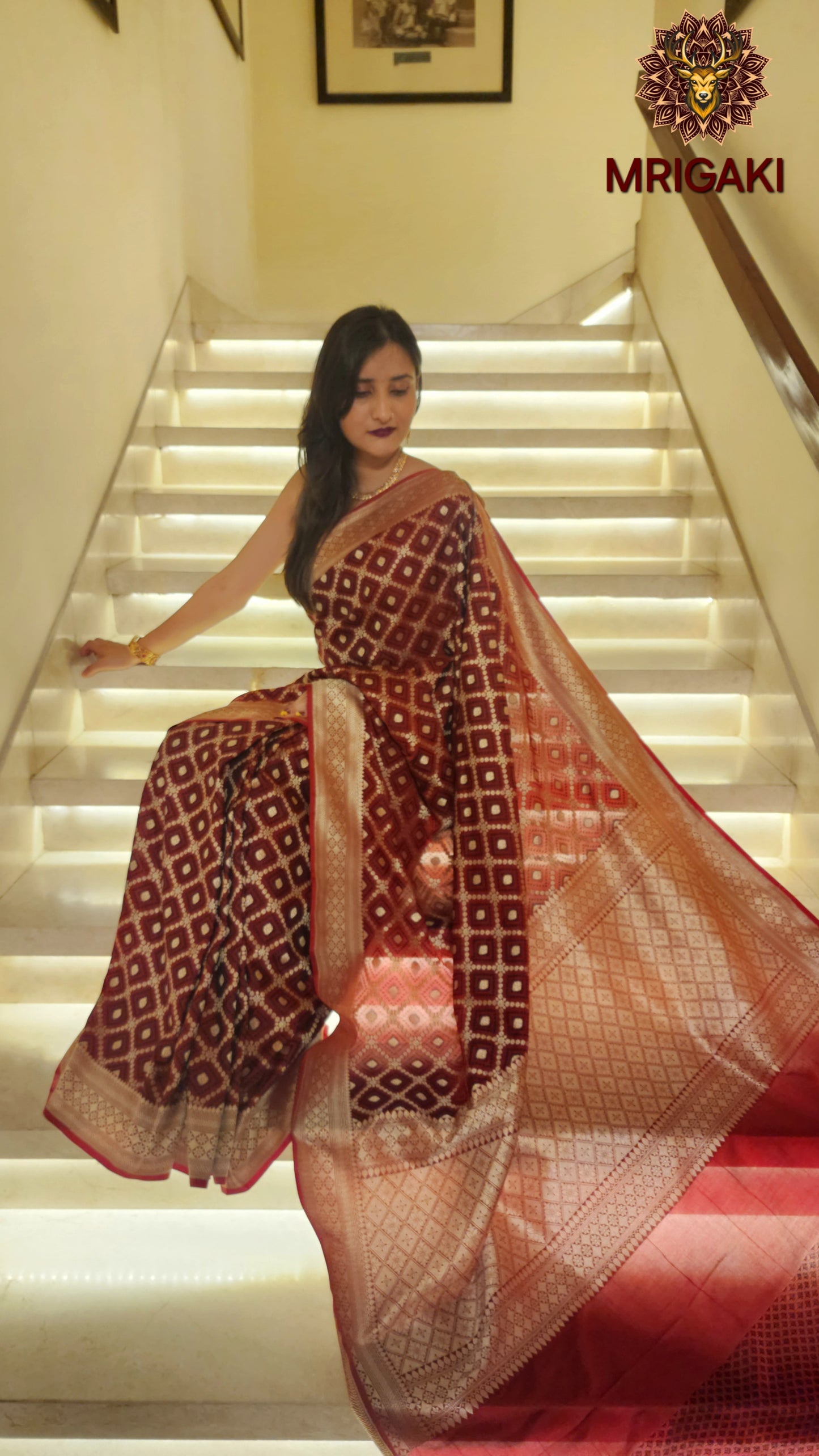 Pure Dupion Silk Banarasi Saree in Black Maroon contrast with Golden Cheques