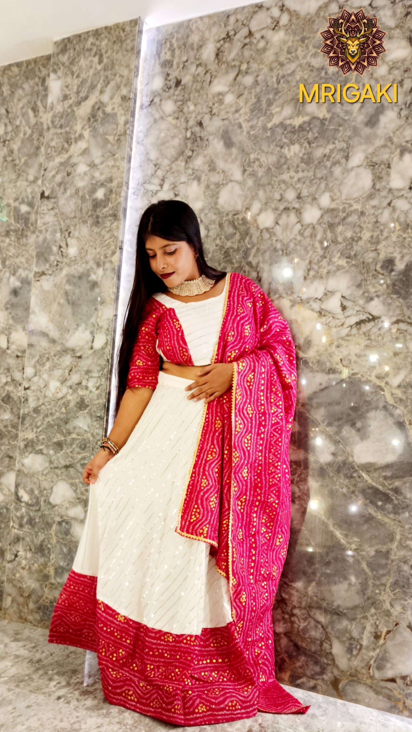 Rajasthani Embroidery Handwork Festive special Chaniya Choli with Dupatta in Rani pink & White contrast colors