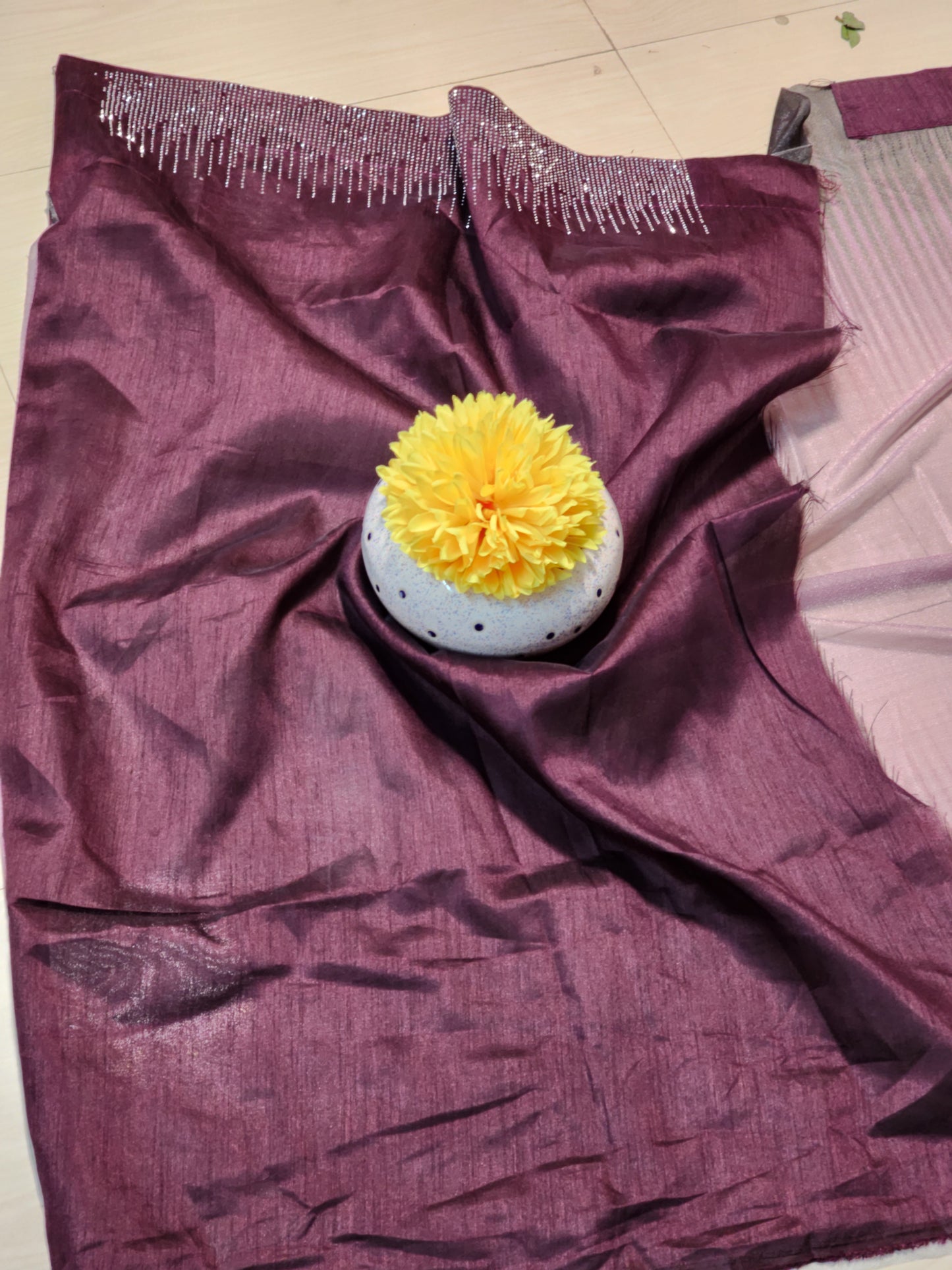 Maroon Black contrast Lycra Saree Double Shaded with Light Diamond work