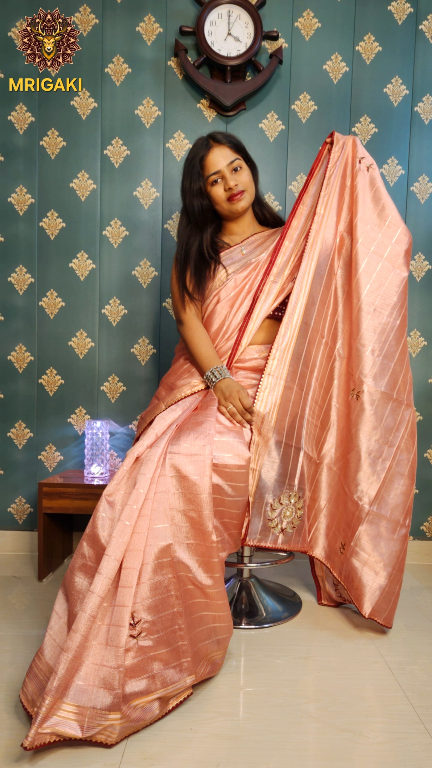 Chanderi Silk Cotton Saree with Zari work on Borders & Nalki work flower designs inside & on Pallu