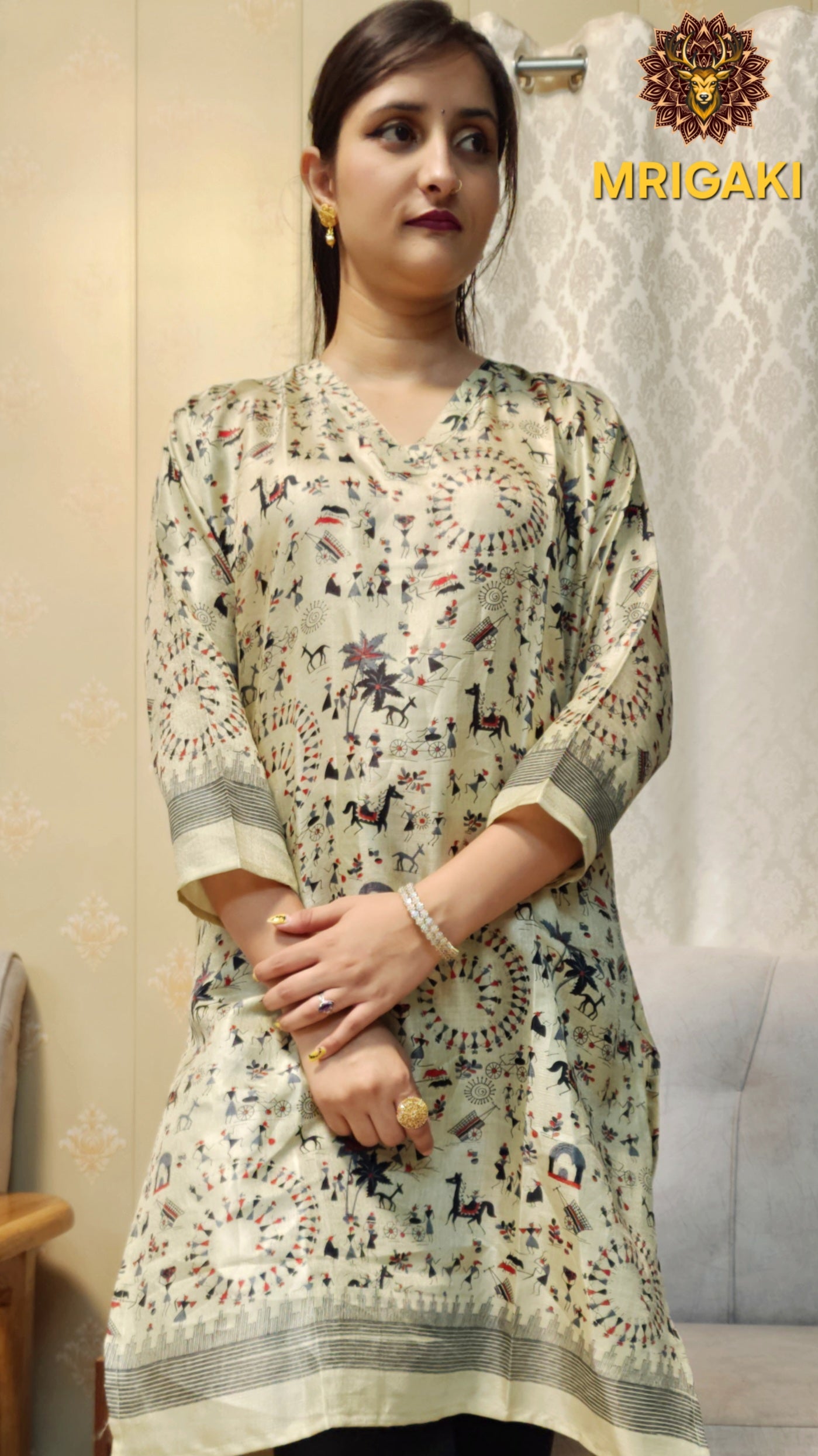 Beige & Red Black color Warli Art Handloom Kurti