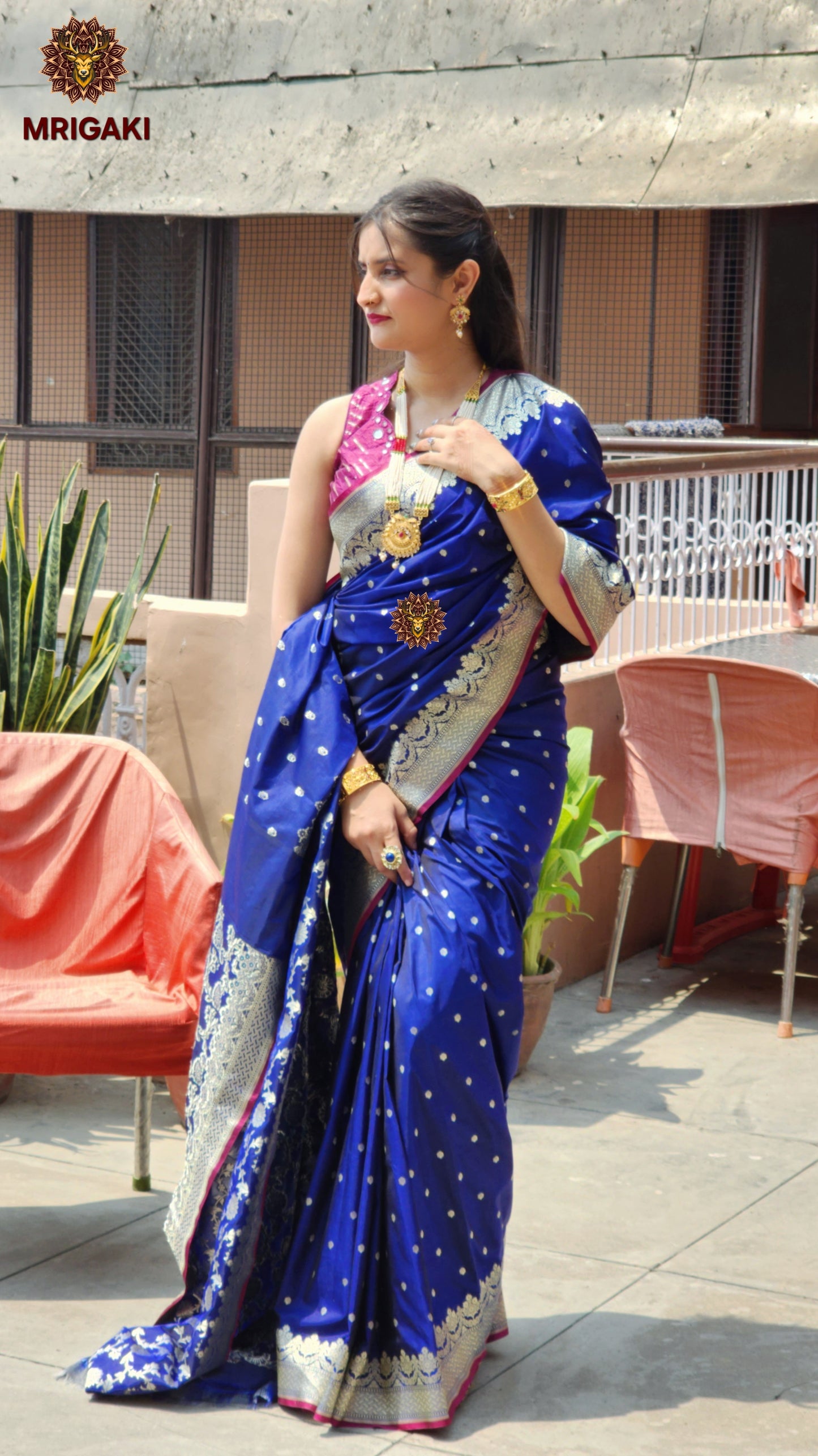 Banarasi Satin Silk Royal Blue Saree with Golden Small Butti all over, Zari border & Heavy Work Blouse