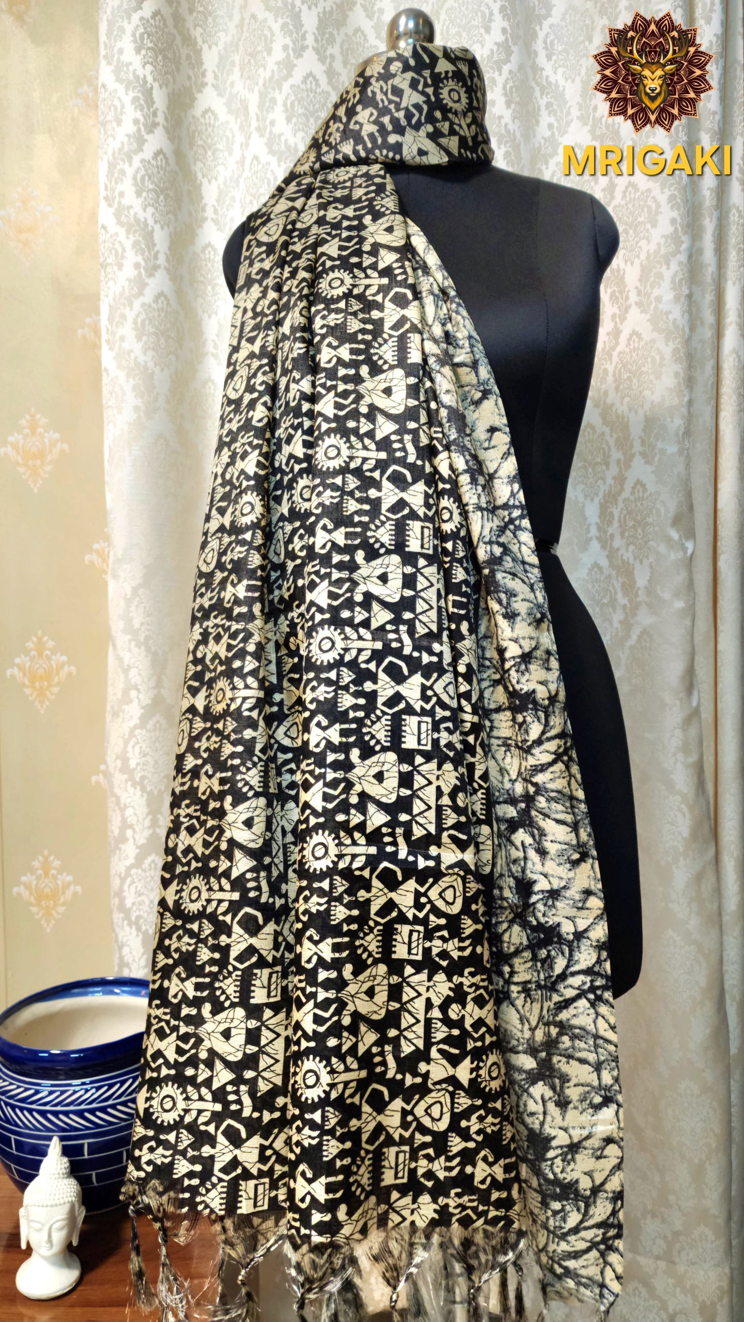 Black And Cream color Warli Pattern Digital Print Art Khadi Silk Fabric Stole/Dupatta