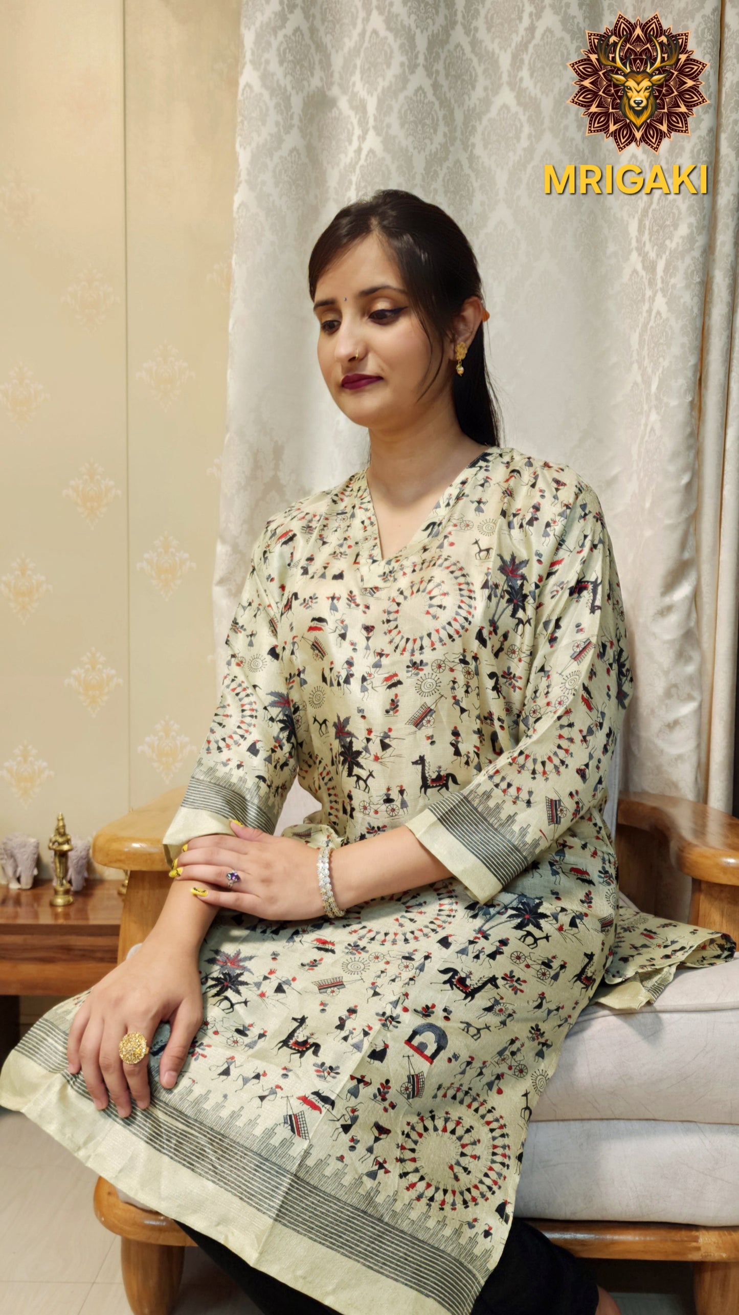 Beige & Red Black color Warli Art Handloom Kurti