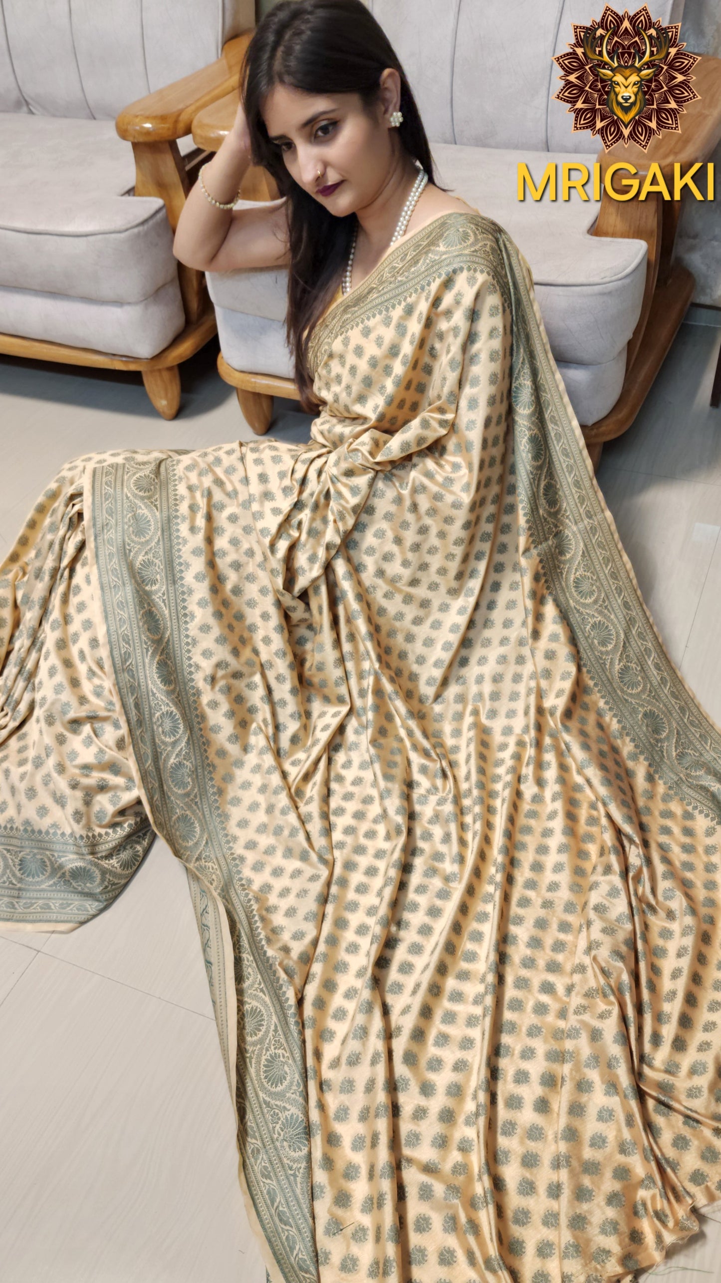 Pure Dupion Silk Resham Butti Handwoven Banarasi Saree with Olive green contrast border