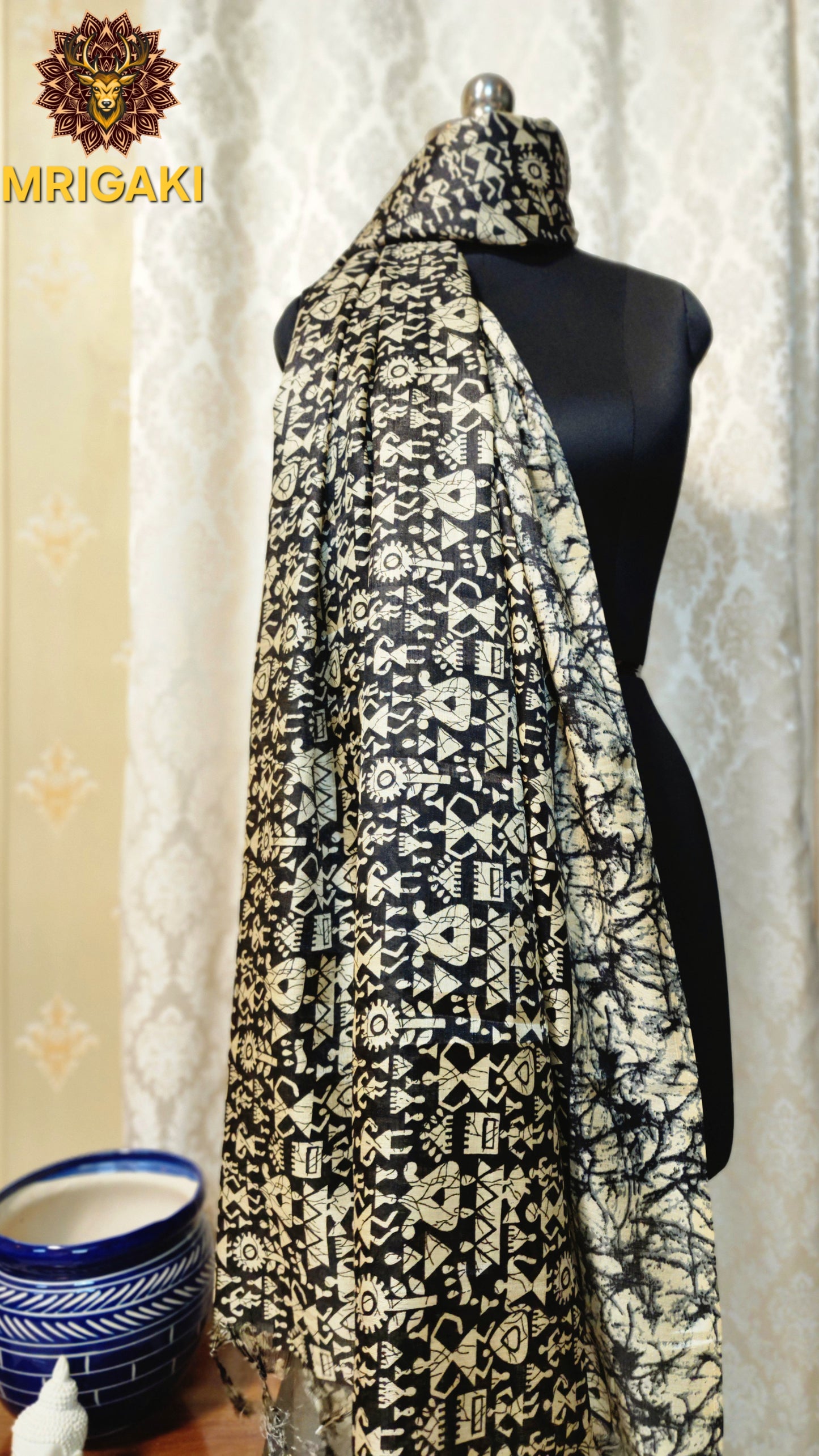 Black And Cream color Warli Pattern Digital Print Art Khadi Silk Fabric Stole/Dupatta