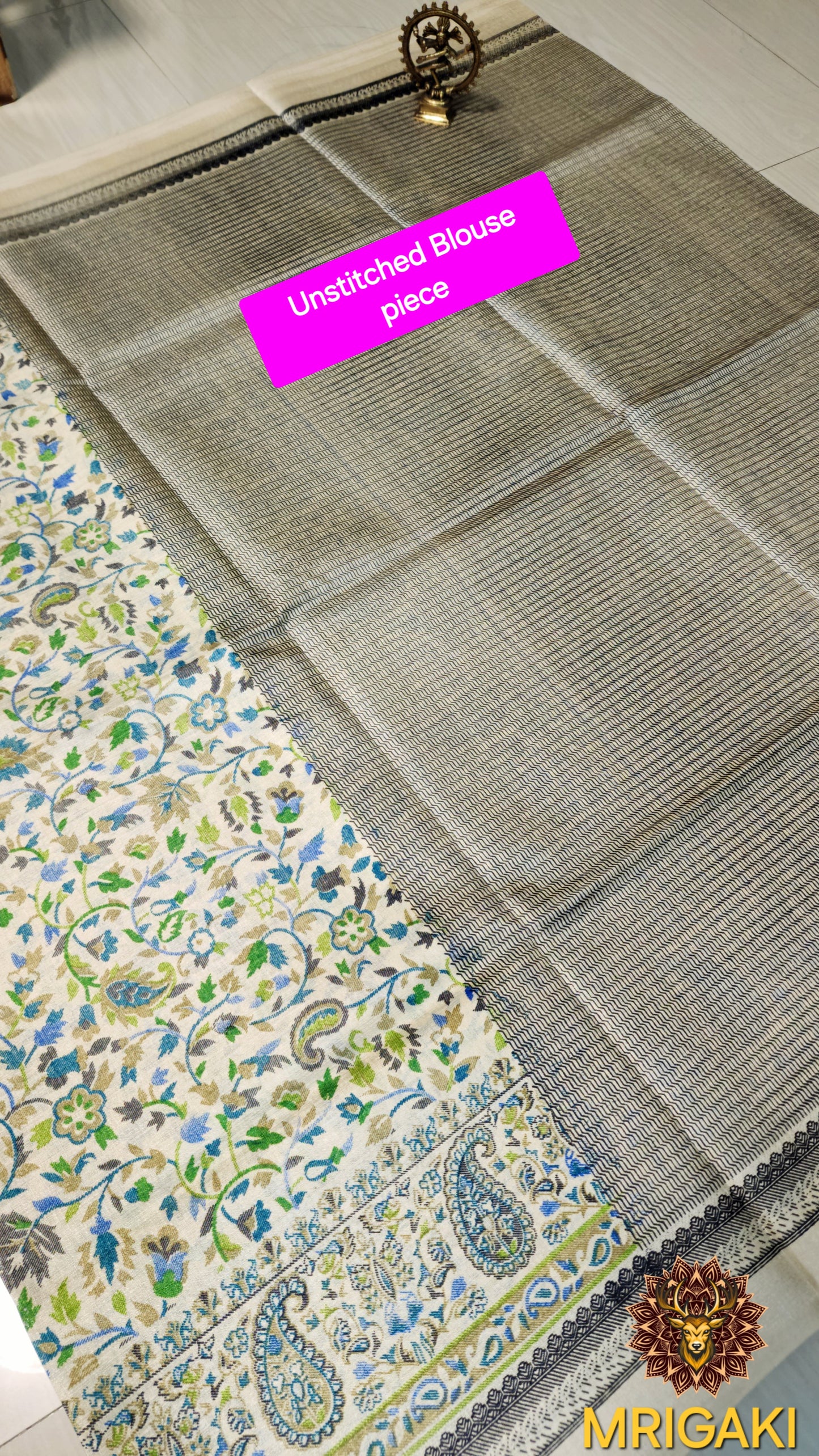 White Base Floral design Khadi Bamboo Handloom Saree with contrast Blouse piece