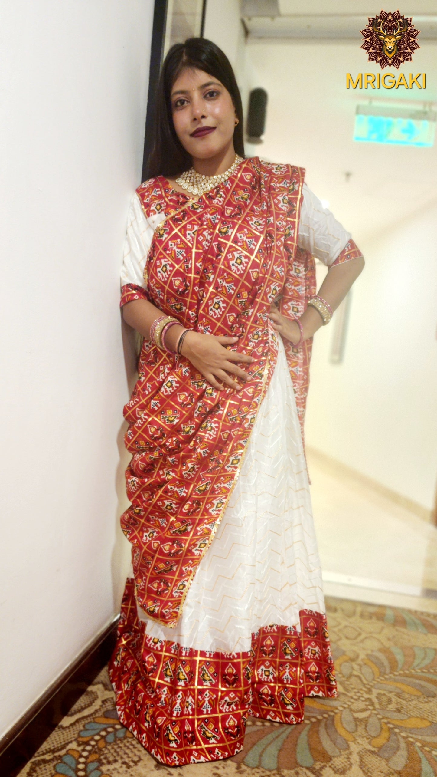 Pure Rayon Cotton Gujrati Patola print patch work border Lahenga Choli in Red & White contrast colors with Dupatta