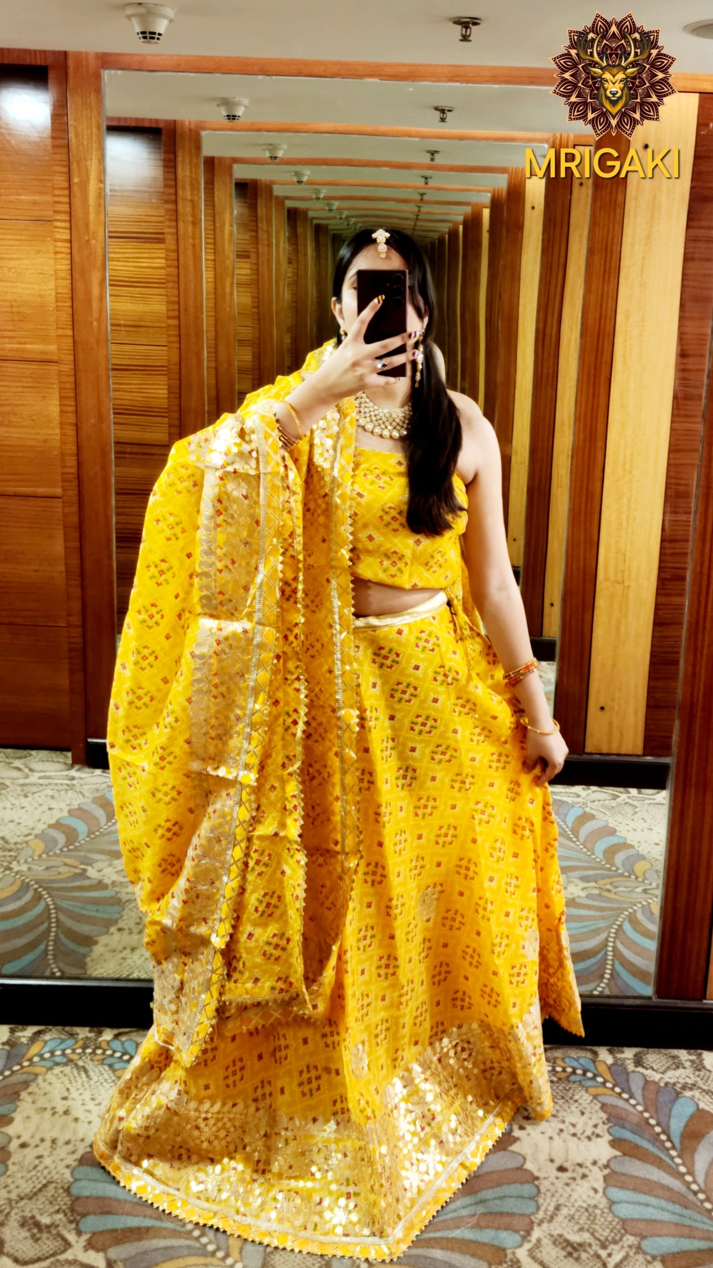 Rajasthani Bandhani Print Yellow color Kota Doria Lahenga with Dupatta