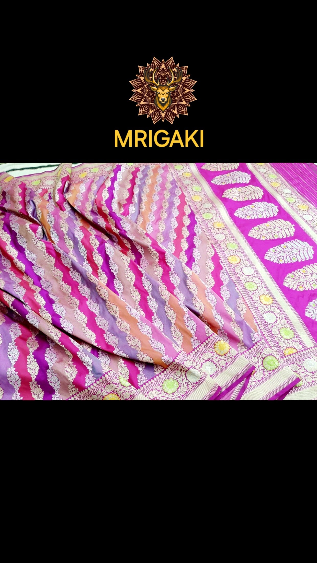 (Only on Pre-Order) Pure Katan Silk Handloom Laheriya pattern Rangkat Banarasi Saree with Minakari work on borders & pallu