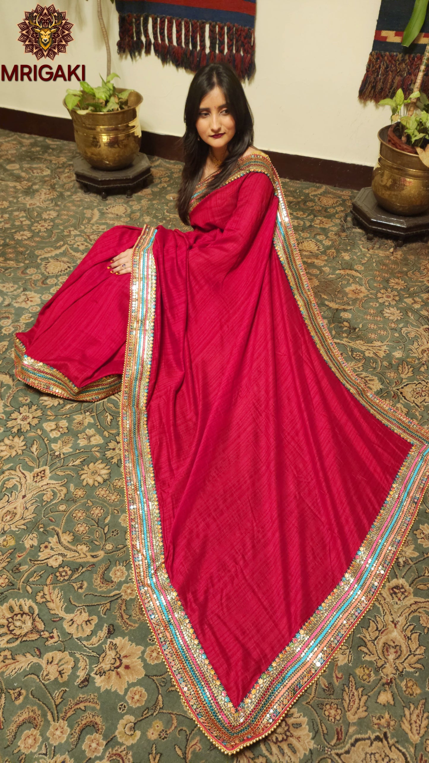 Pure Georgette Rani Pink Plain saree with multi-color Embroidered lining all-over borders