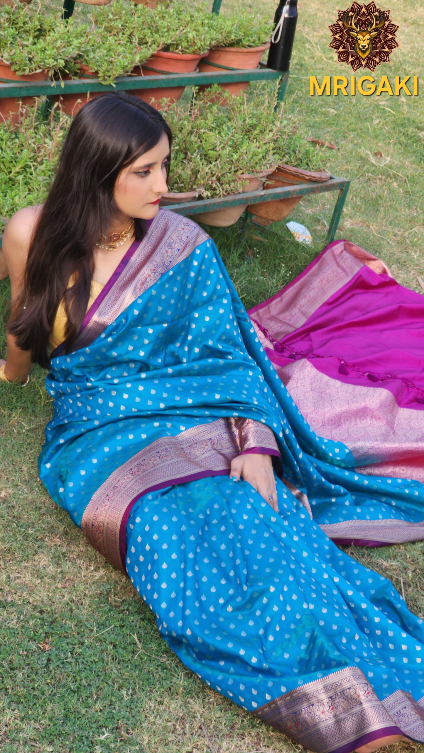 Banarasi Satin Silk Blue-Rani Pink contrast Saree with Thousand Butti & Heavy Zari Border