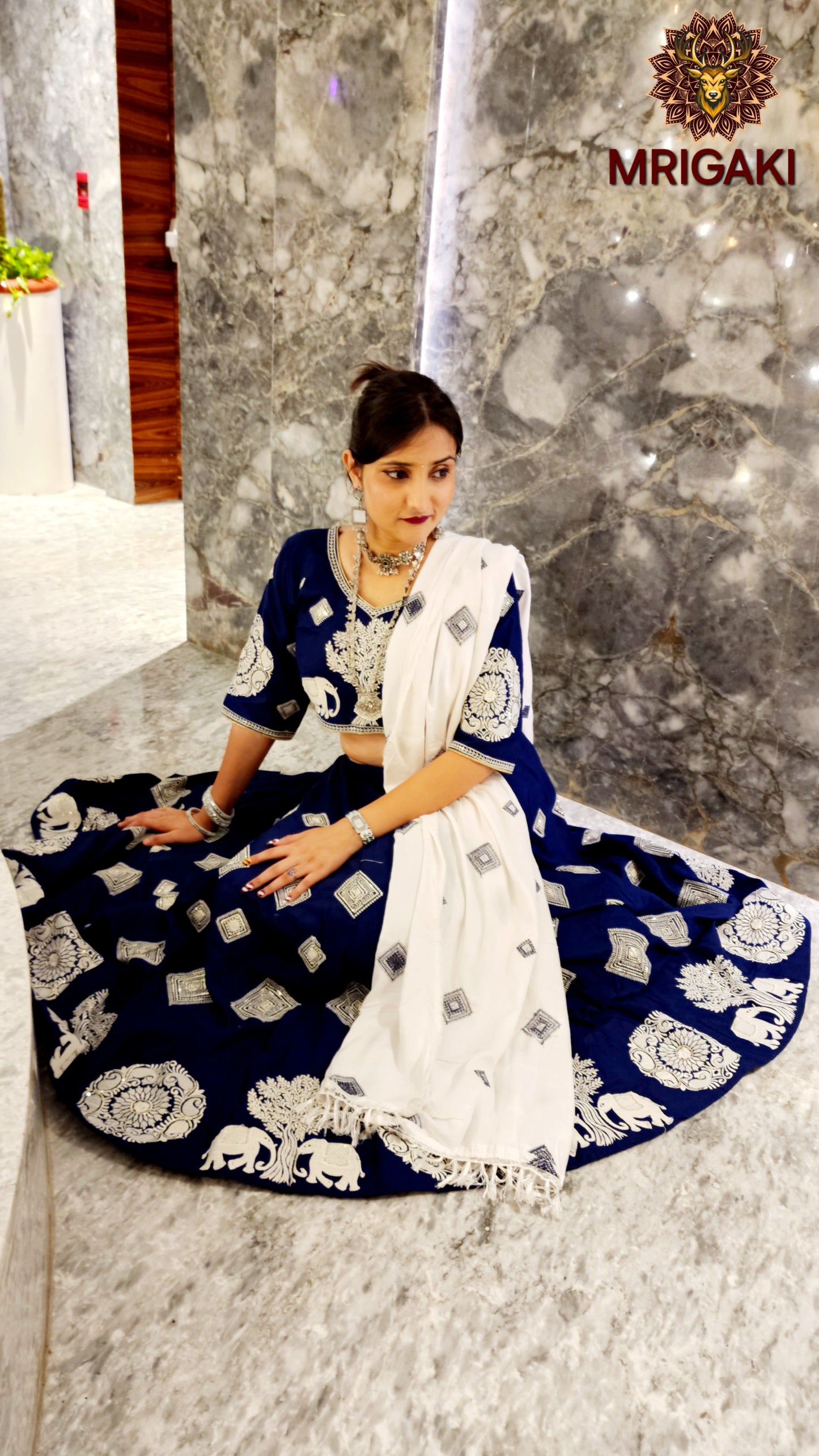 Women's Designer Trending Rajasthani Lahenga Choli with Elephant design thread work in Royal Blue White contrast colors