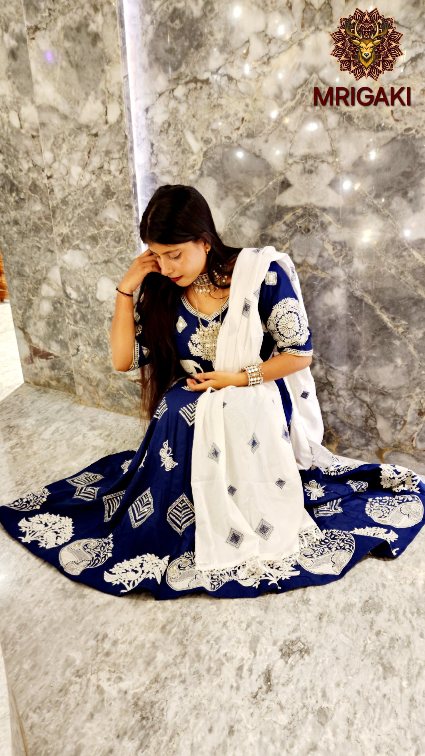 Women's Designer Trending Rajasthani Lahenga Choli with Peacock thread work in Royal Blue White contrast colors