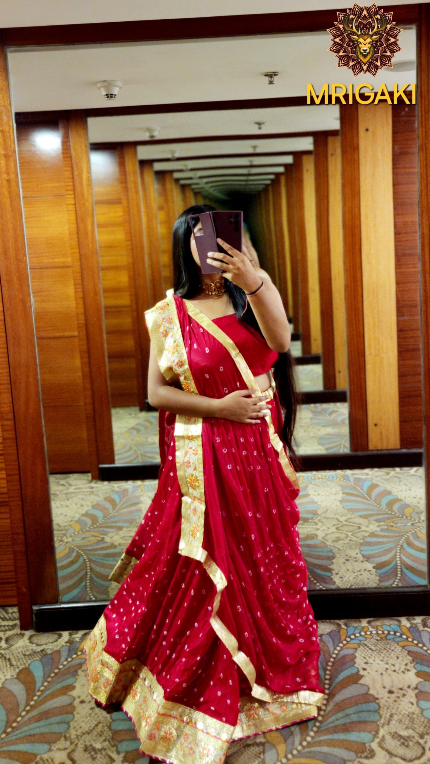 Gota patti Embellished Rajasthani Bandhani Semi-stitched Lahenga Choli in Bridal red color