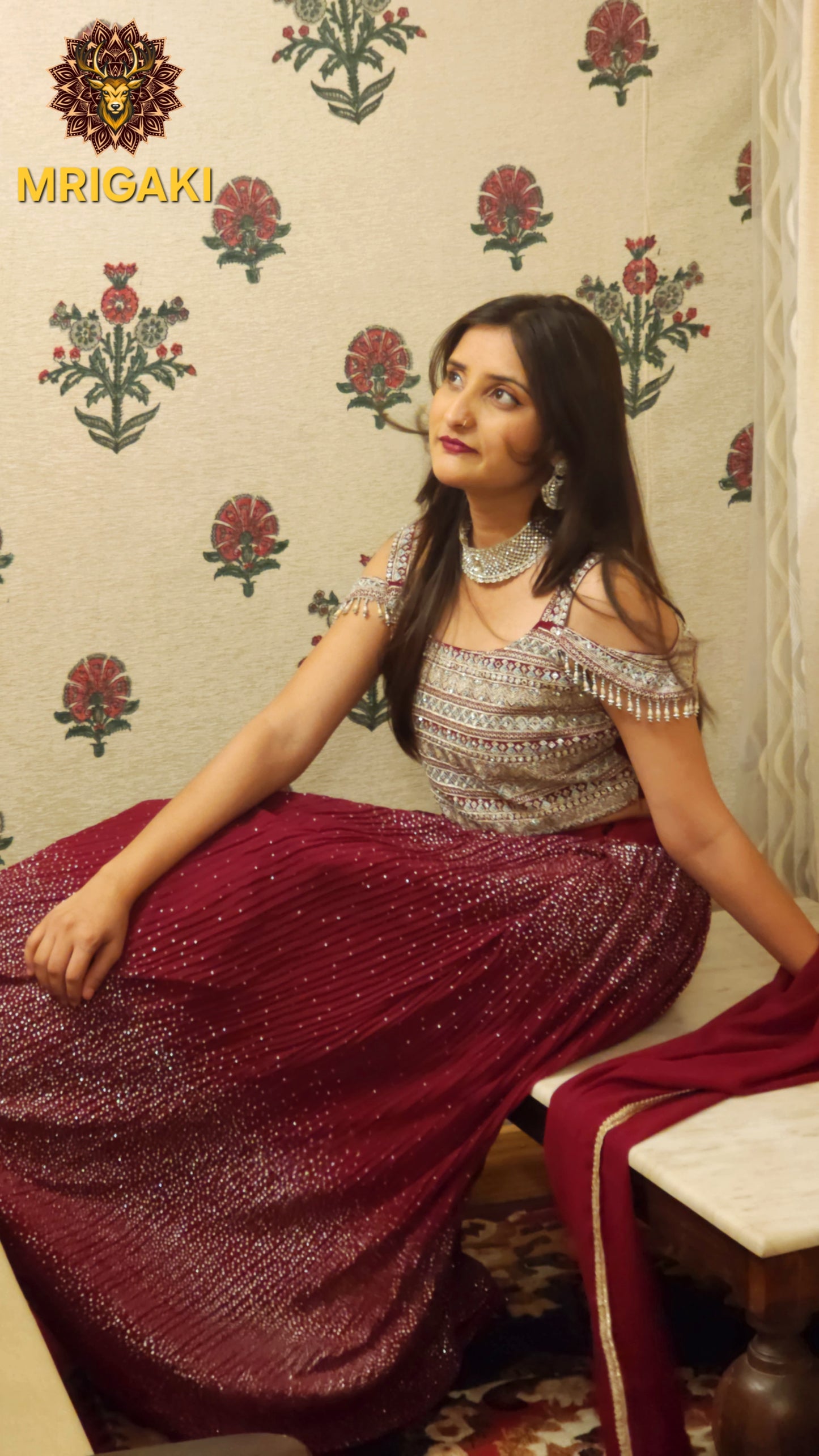 Gorgeous Maroon Silver Contrast Georgette Lahenga with Heavy All over work Crop-top, Stylish sleeves