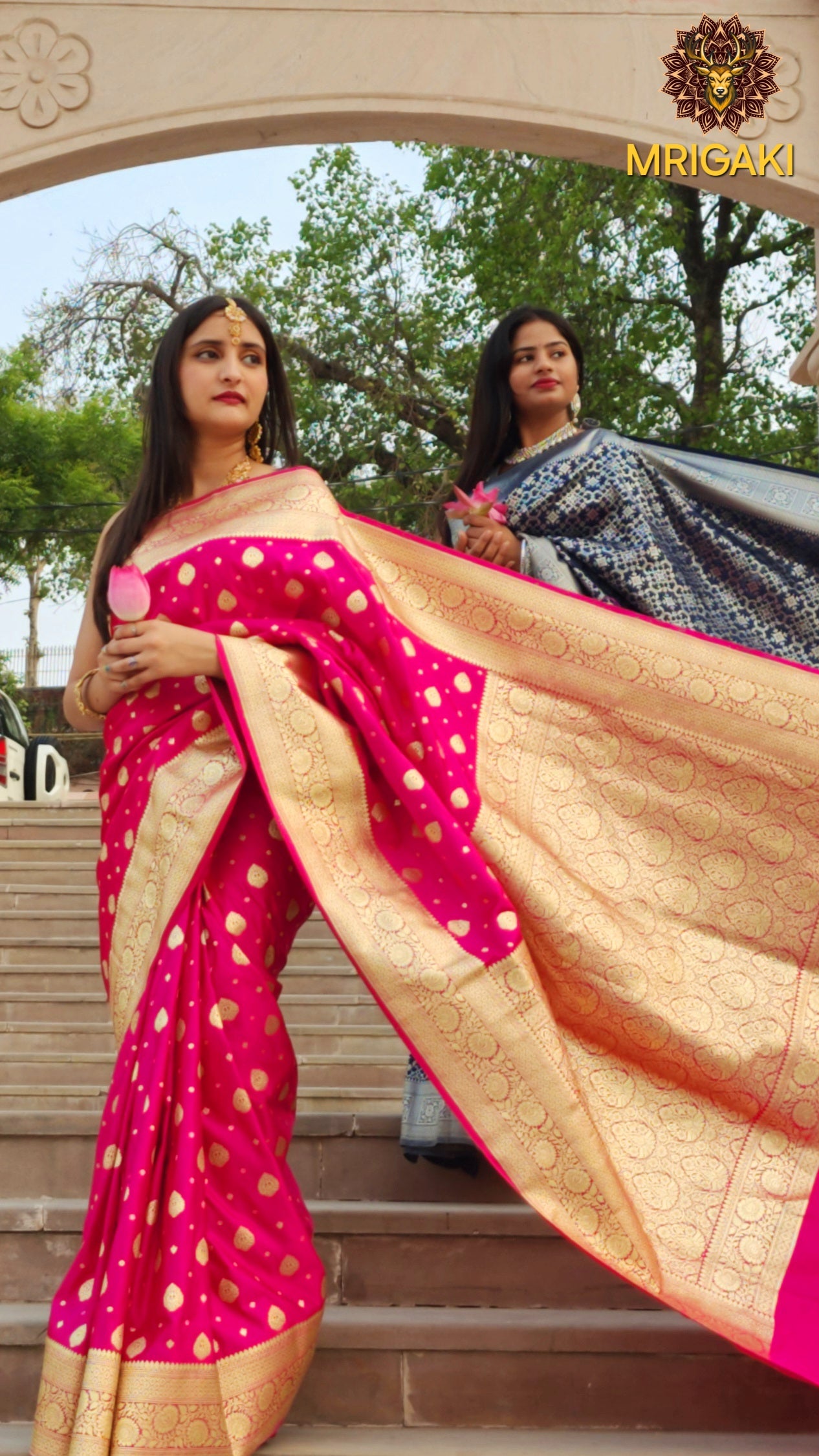 Bridal Pink Satin Silk Saree with Golden color Banarasi Butti All over & Heavy Zari pallu