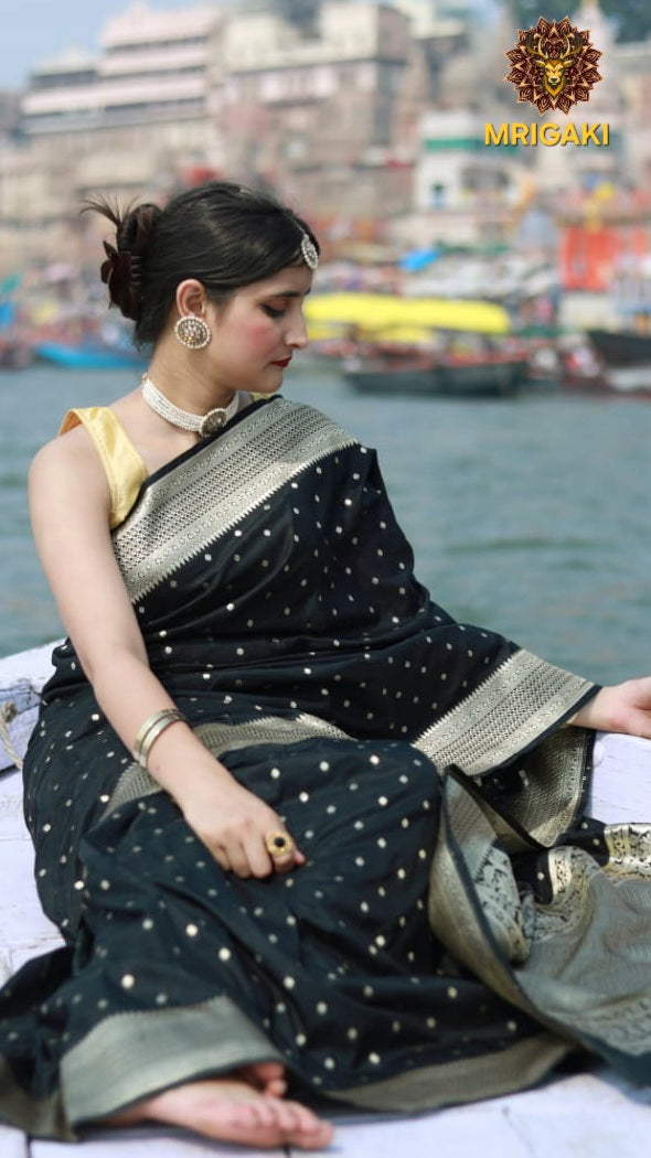 Banarasi Satin Silk Black Saree with Golden Small Butti all over, antique Zari border & Zari patti Blouse