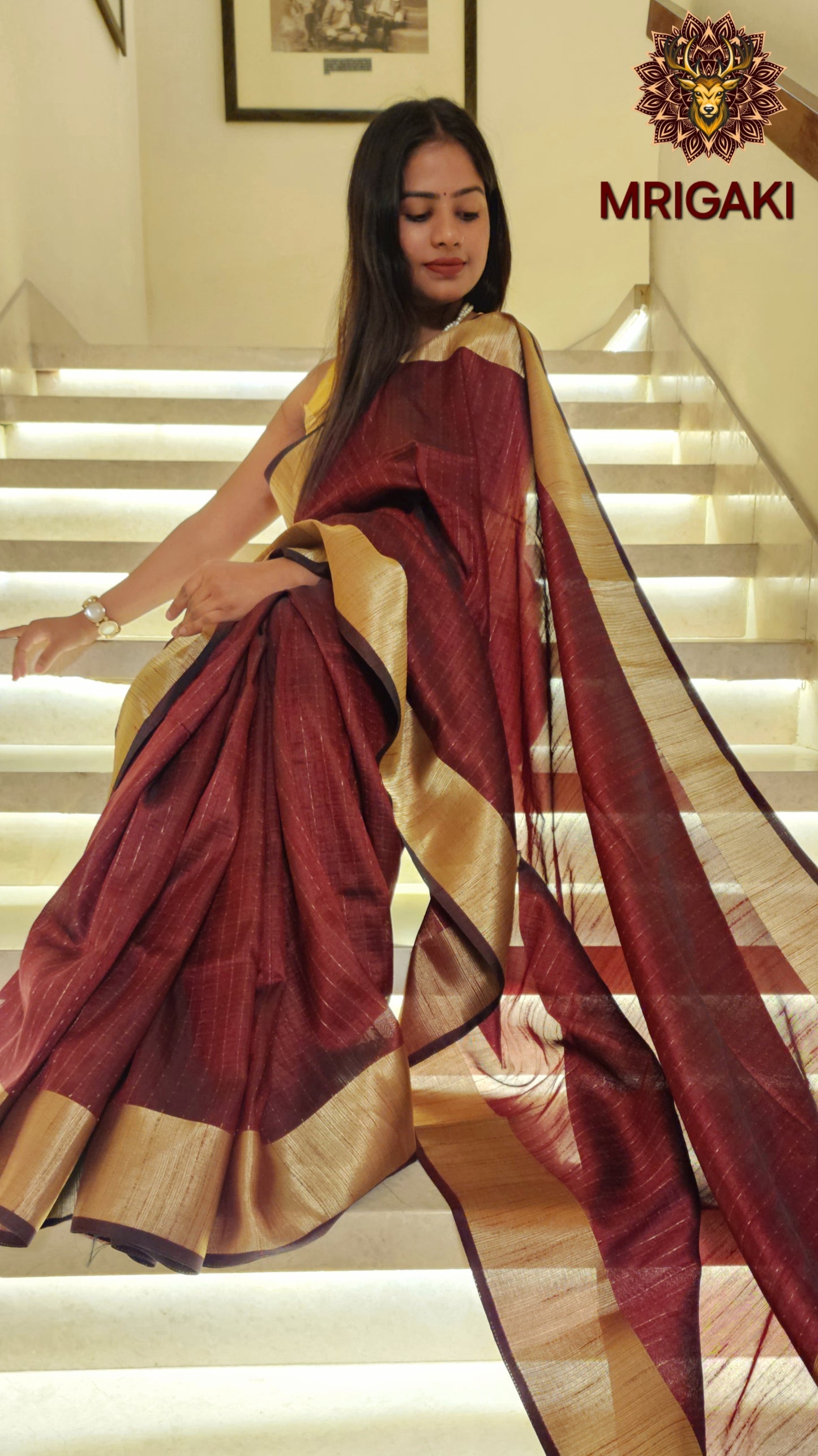 Coffee color Georgette Banarasi Butti Saree with Vertical lines & plain Zari border