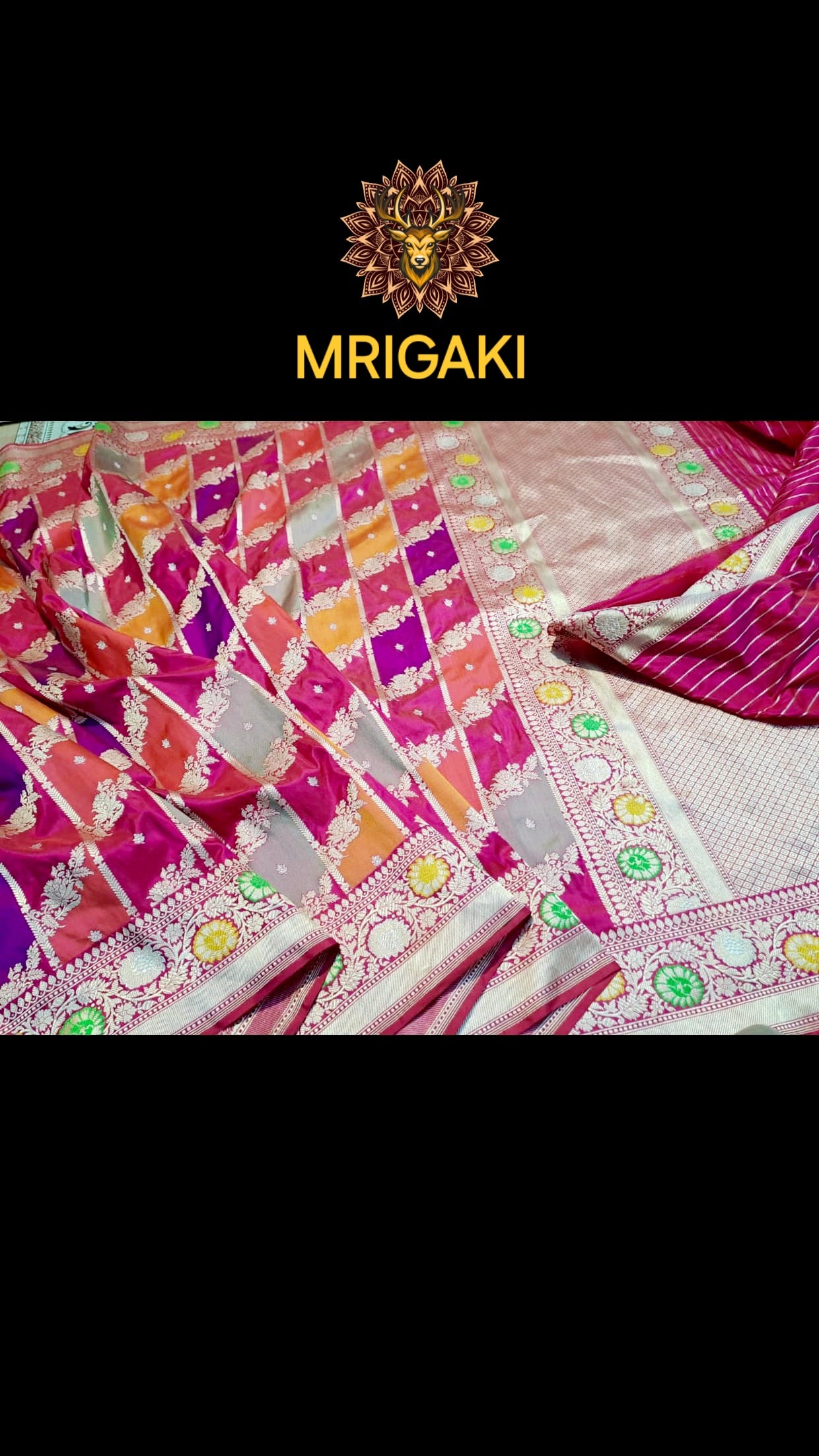 (Only on Pre-Order) Pure Katan Silk Handloom Laheriya pattern Rangkat Banarasi Saree with Minakari work on borders & pallu