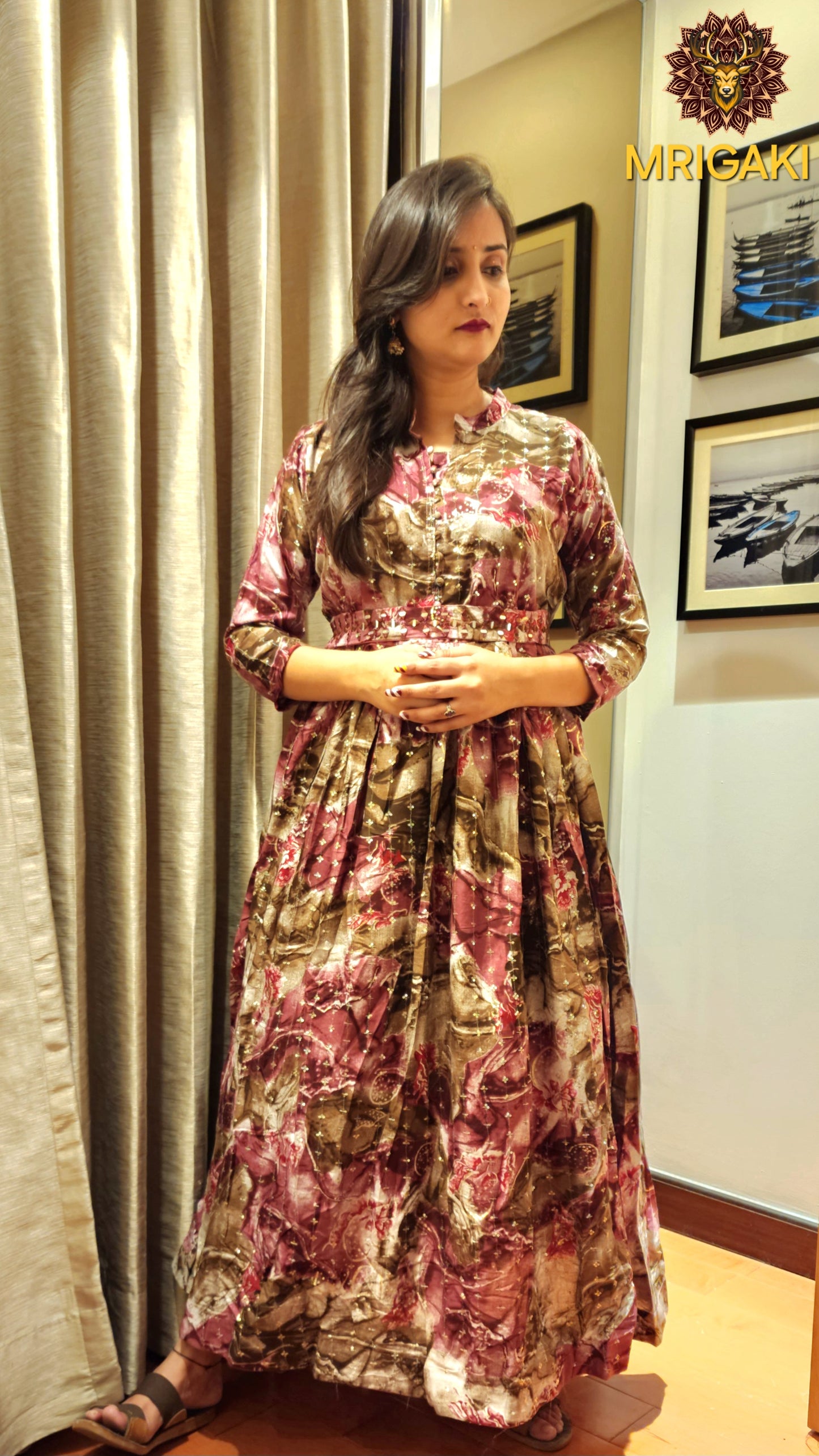 Purple Base GULKANYA Style Premium Floral Gown with Belt