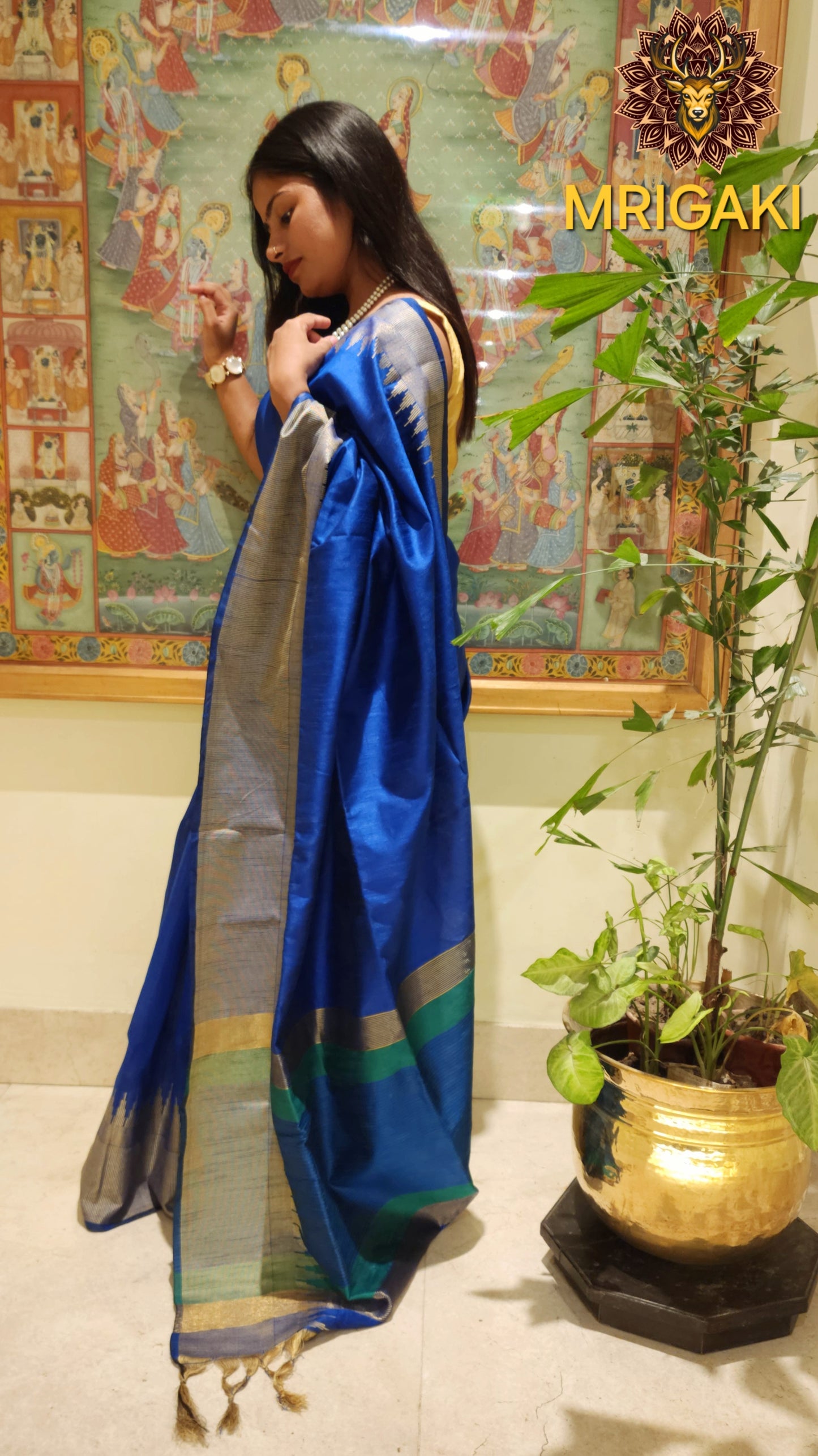 Royal Blue Color Pure Silk Cotton Ahilya Saree with Wavy Temple Saree Zari Border