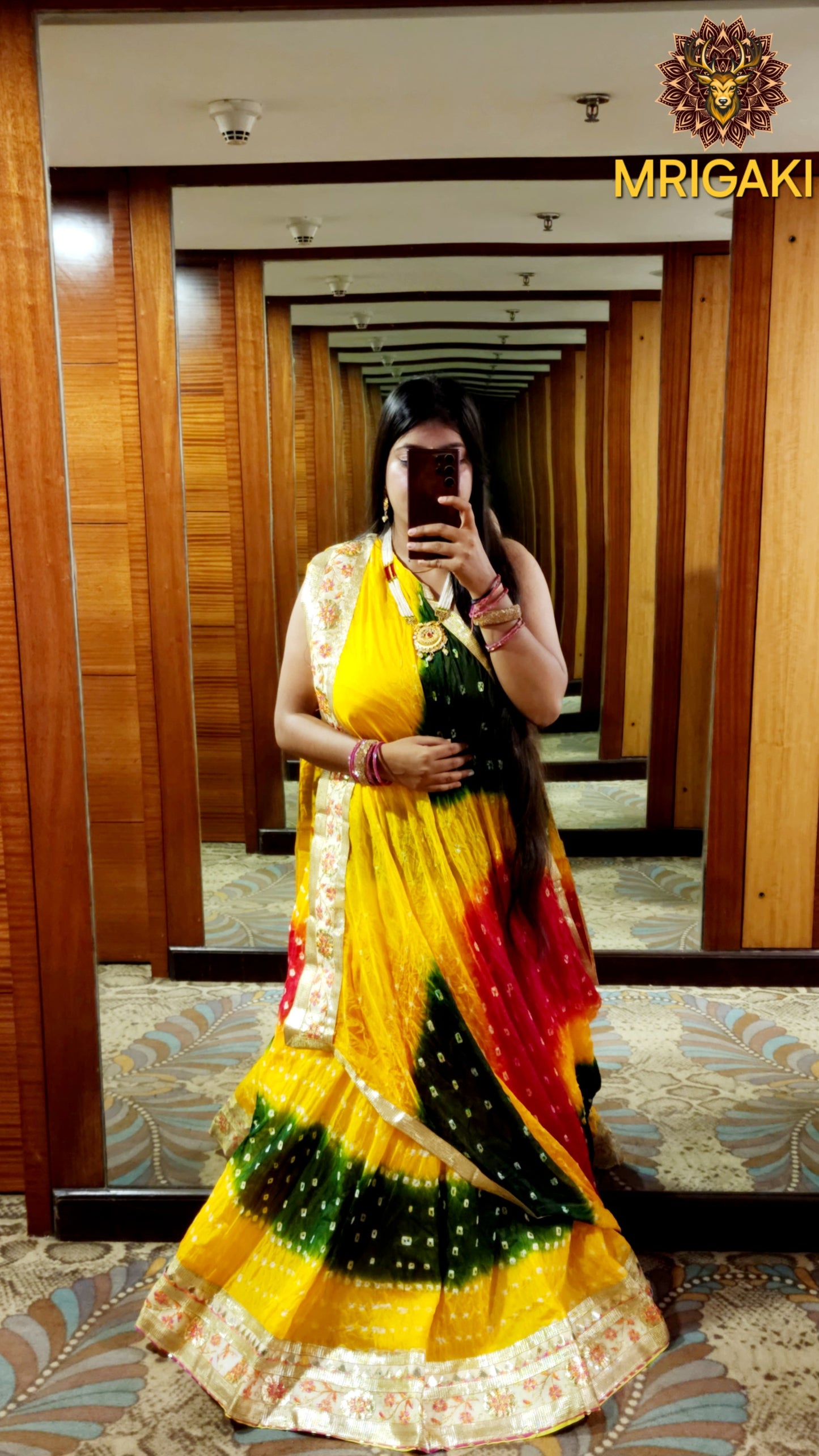 Gota patti Embellished Rajasthani Bandhani Semi-stitched Lahenga Choli in Yellow, Red & Green contrast colors