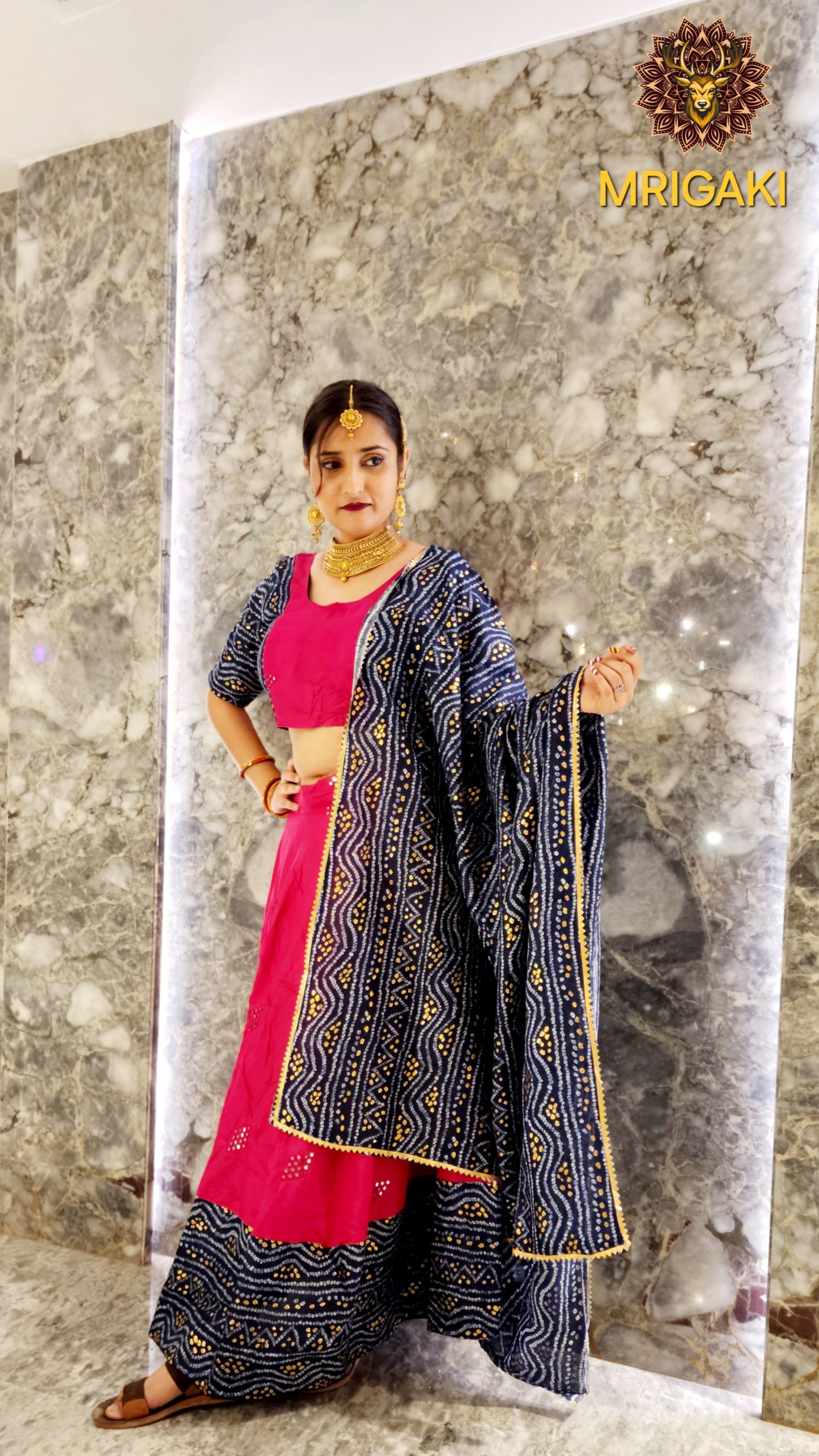 Rajasthani Elegant Mirror work Bandhani Lehenga Choli in Rani pink & Royal blue contrast colors, with Dupatta