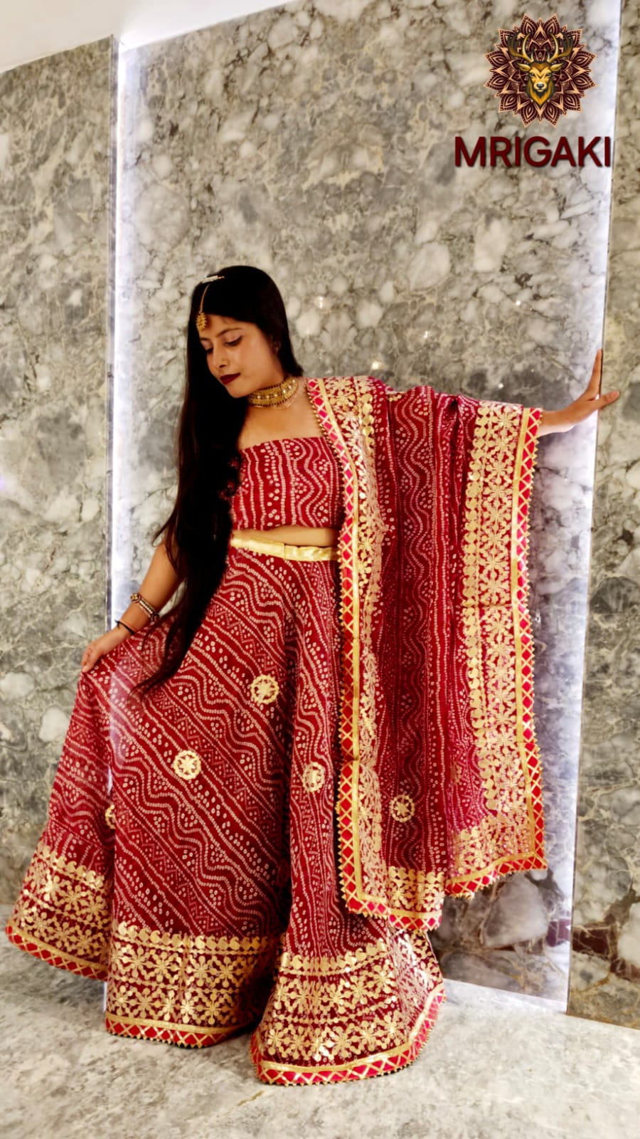 Rajasthani Bandhani Print Maroon color Kota Doria Lahenga with Dupatta