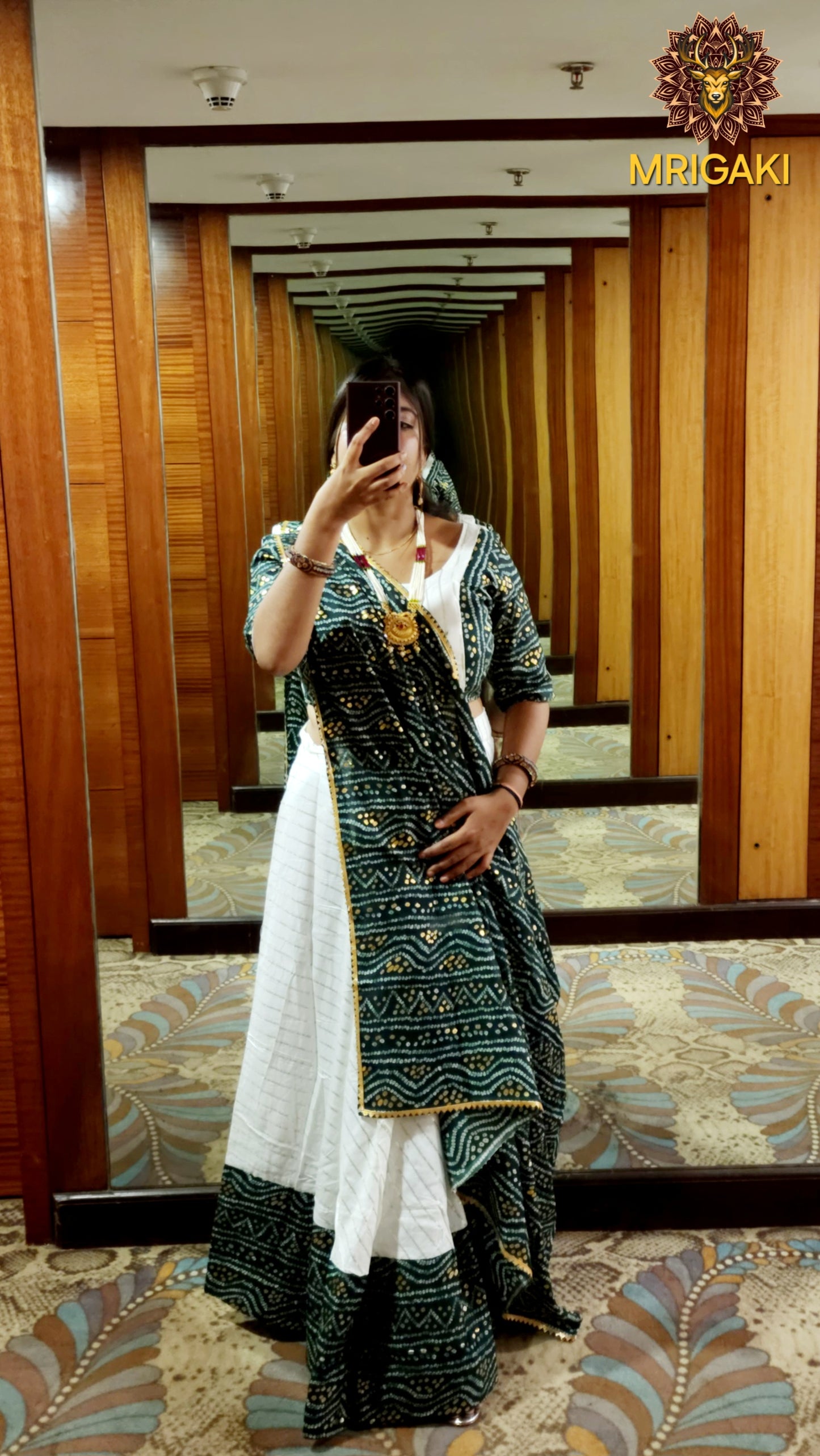 Rajasthani Embroidery Handwork Festive special Chaniya Choli with Dupatta in Rama Green & White contrast colors