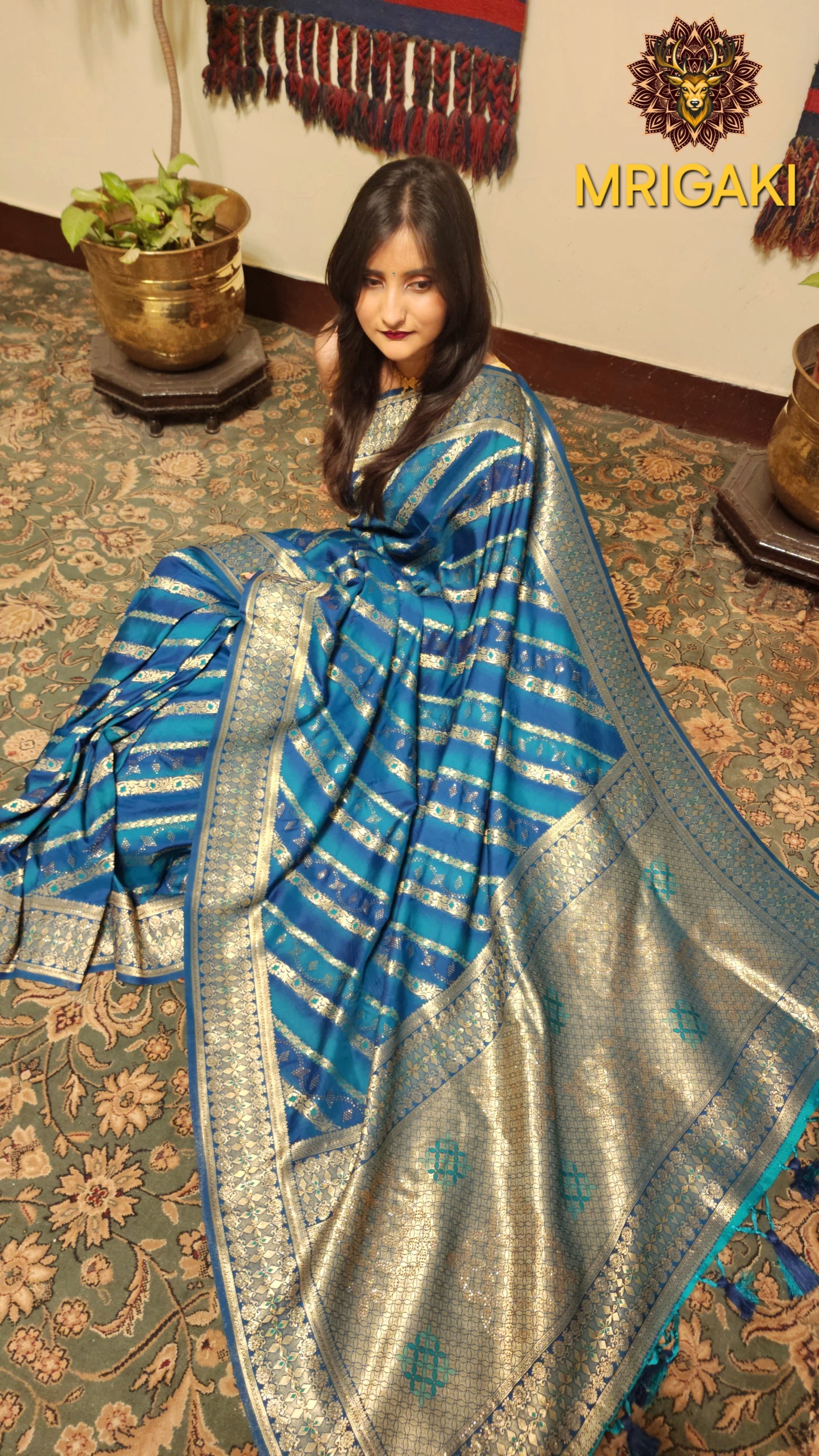 Laheriya pattern Dupion Silk saree with Contrast Blue colors & golden zari intricate work on borders & pallu