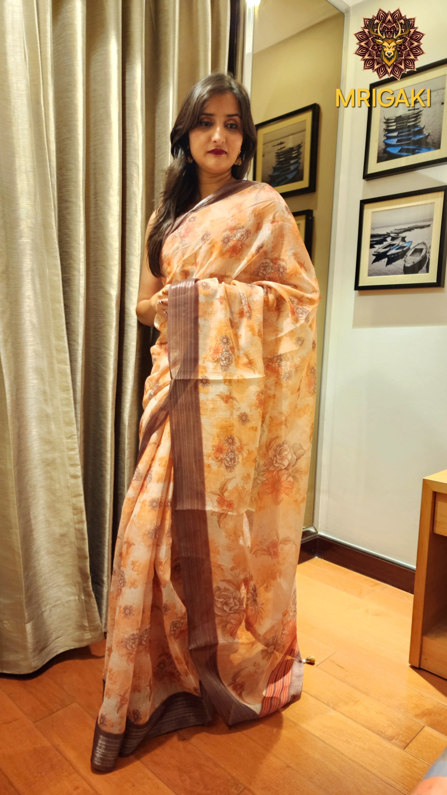 Light Brown Base Linen Saree with digital print Flowers design all-over, dark brown border