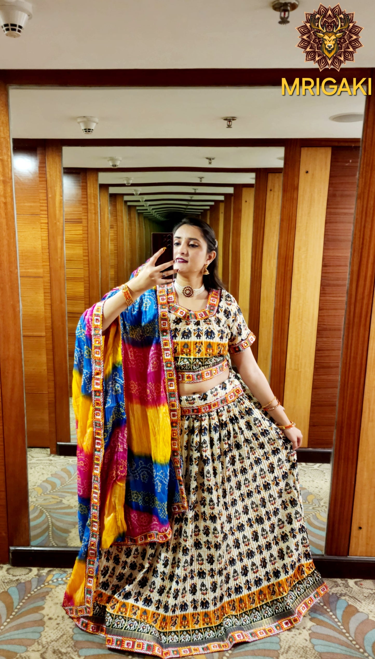 Cream Cotton Multi-color Satin digital print Navratri Special Lahenga Choli