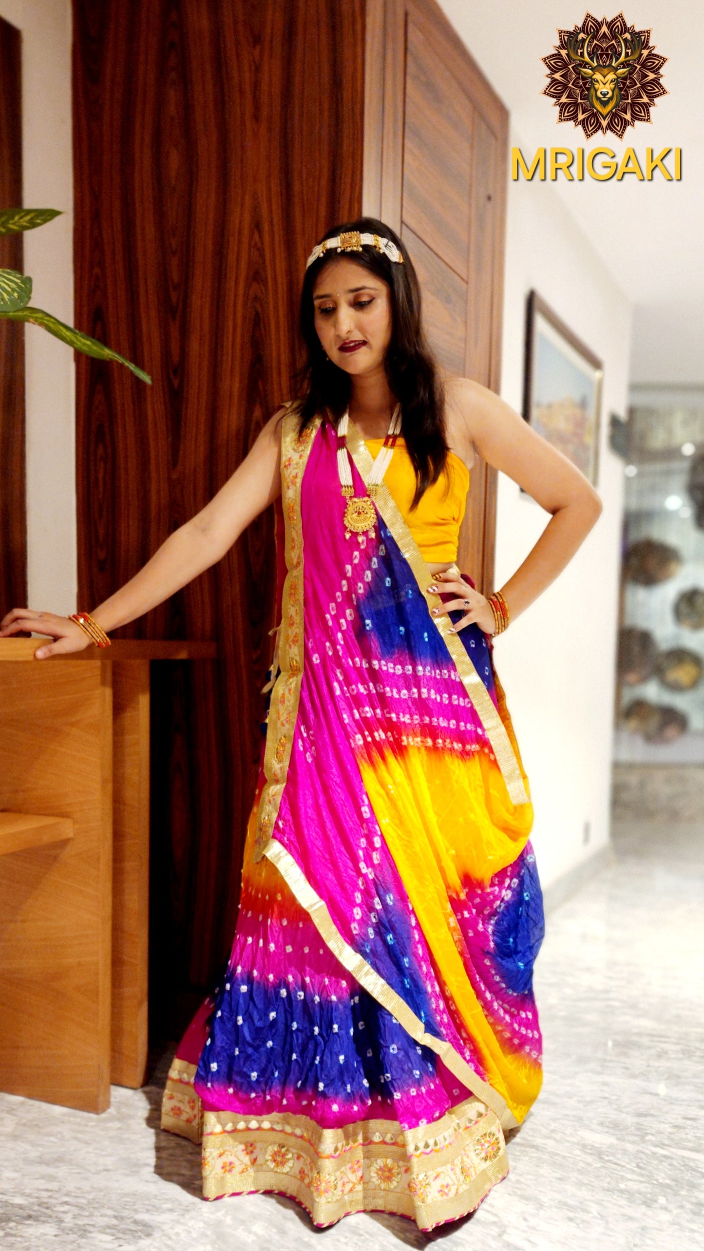 Gota patti Embellished Rajasthani Bandhani Semi-stitched Lahenga Choli in Yellow, Royal blue & Pink contrast colors