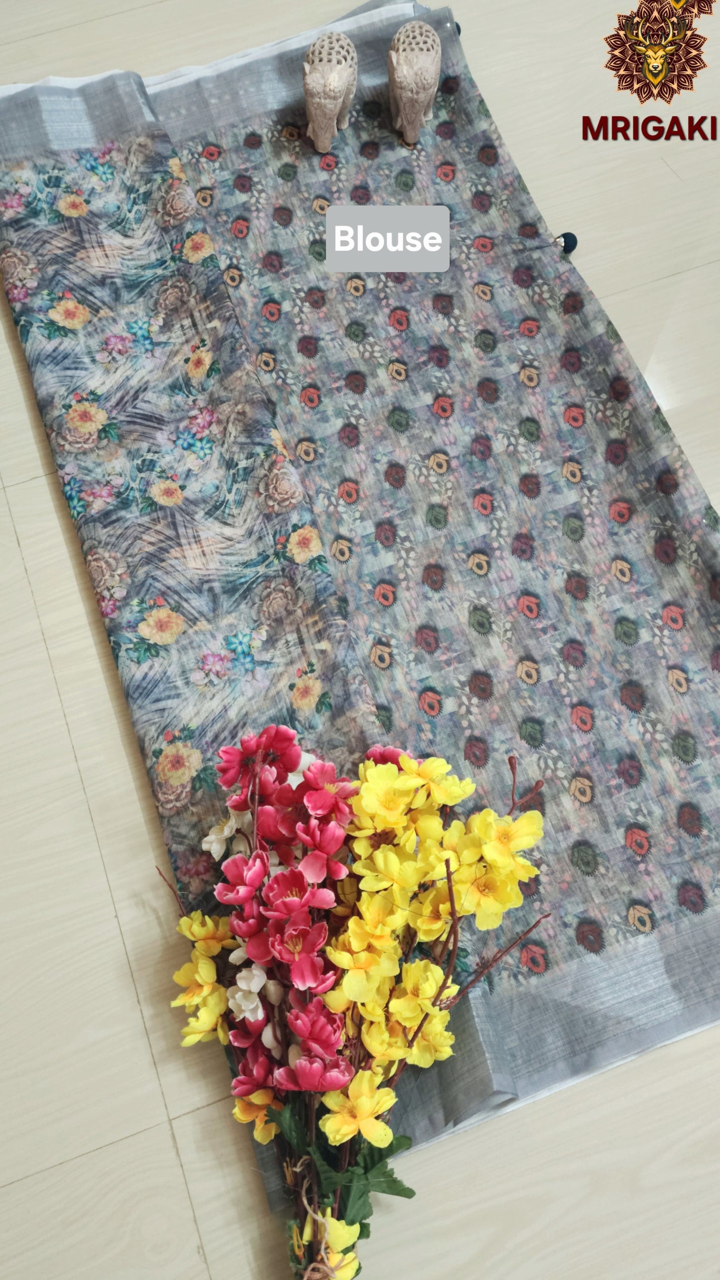 Abalone Grey Linen Saree with Multicolor Digital Print