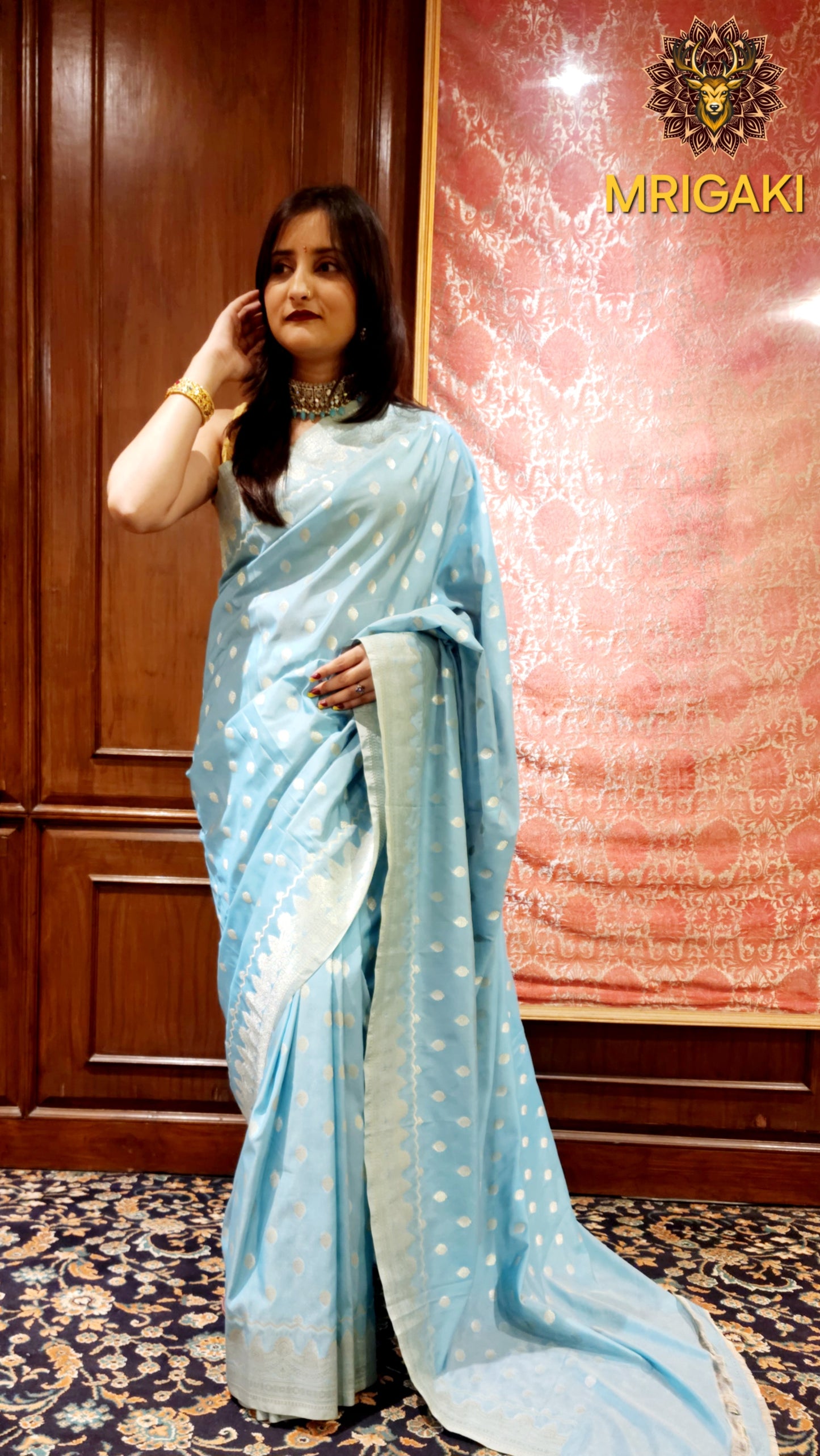 Silk Georgette Sky Blue Saree with Handwoven Silver butti all-over with Minakari & Zari work