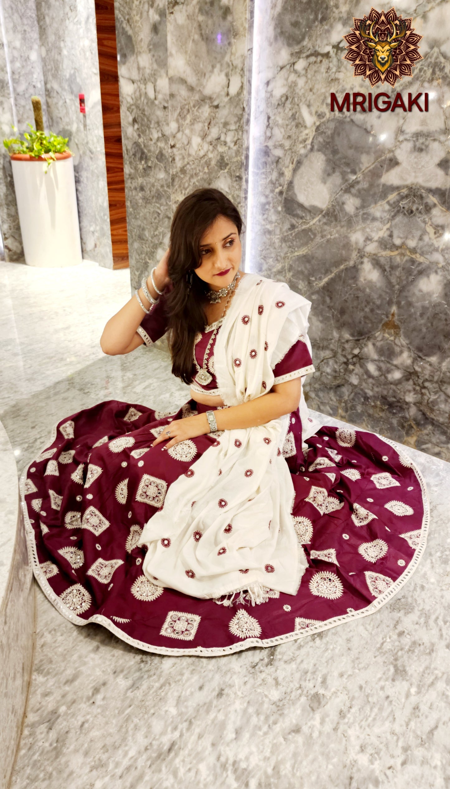 Women's Designer Trending Rajasthani Lahenga Choli with Geometrical design thread work in Maroon White contrast colors