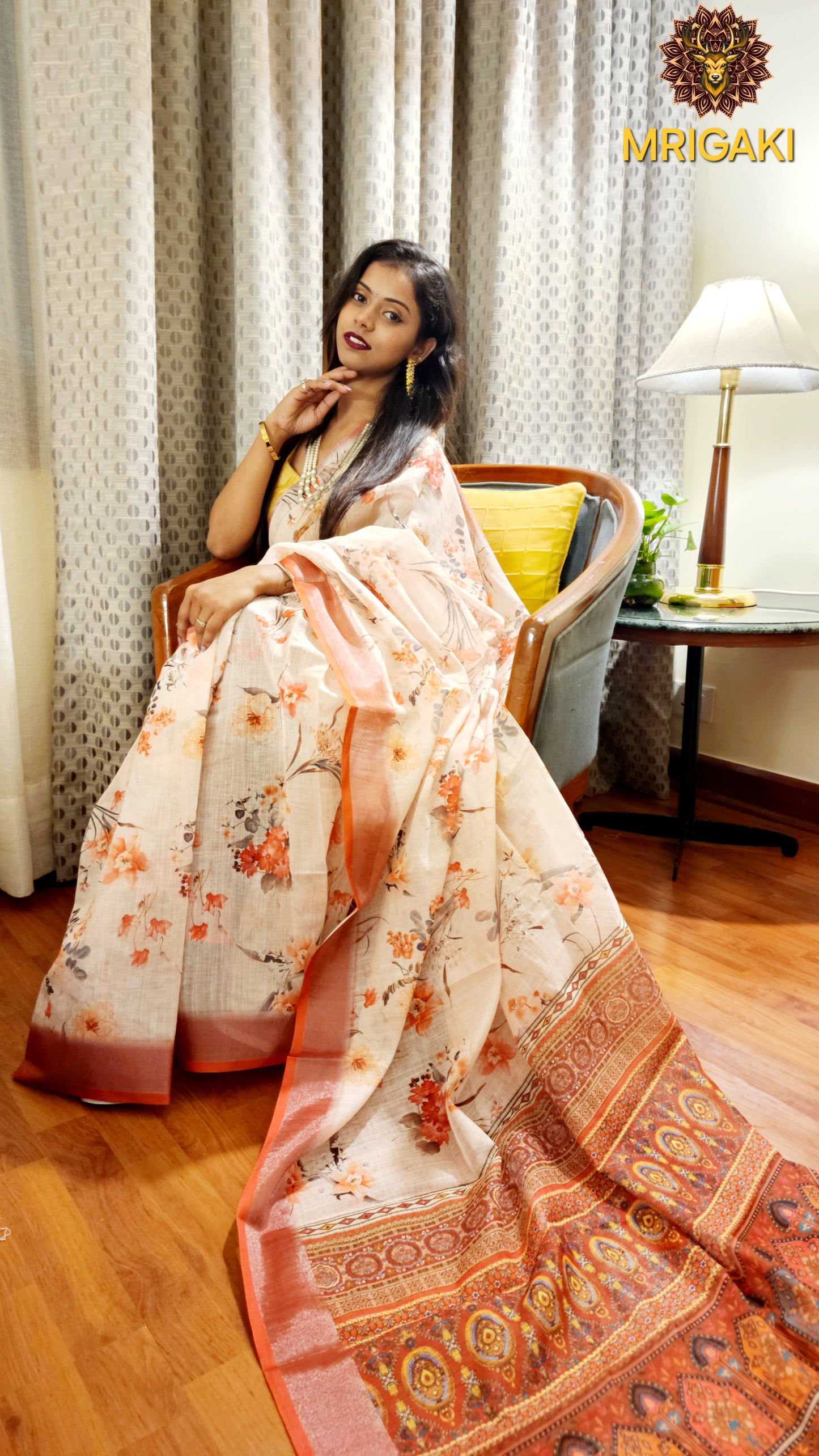 White Base Linen Saree with Flowers design all-over, Reddish Pink border & heavy digital print on Pallu
