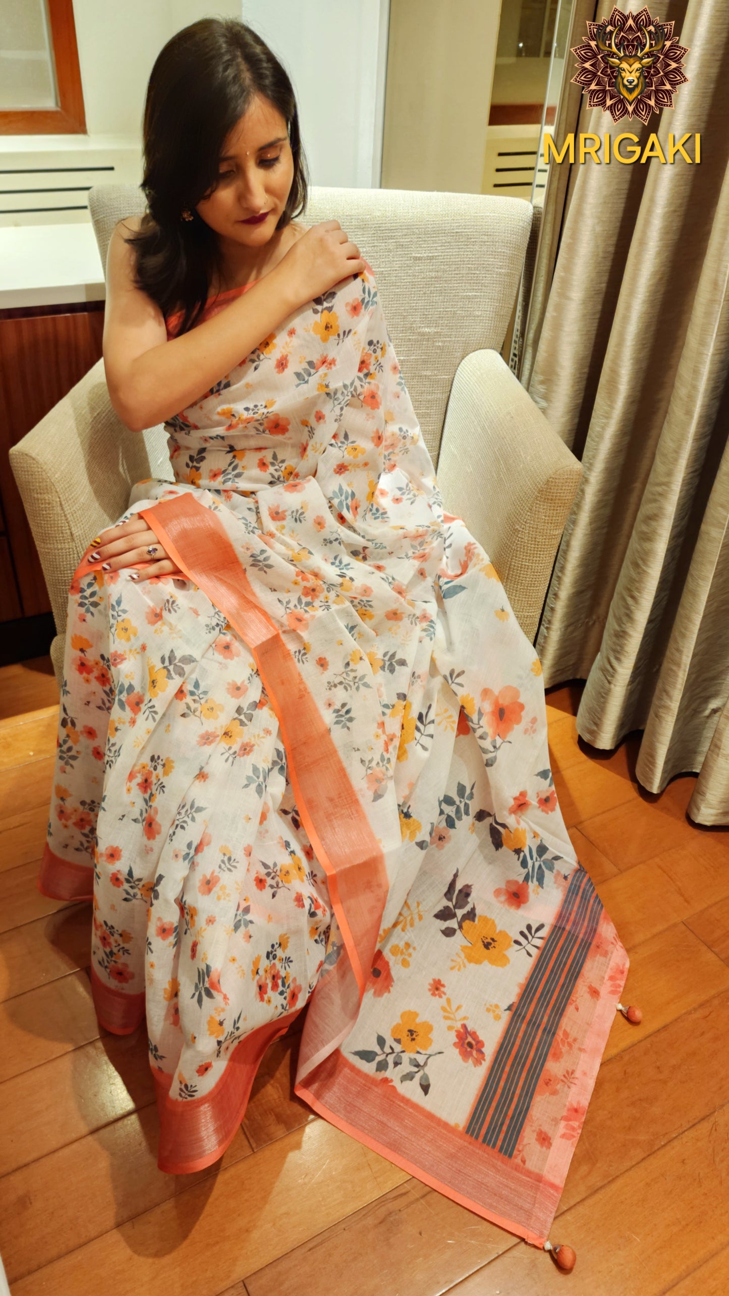 Light Brown Base Linen Saree with 3D Flowers digital print all-over, Brown border with Pom-Pom on pallu