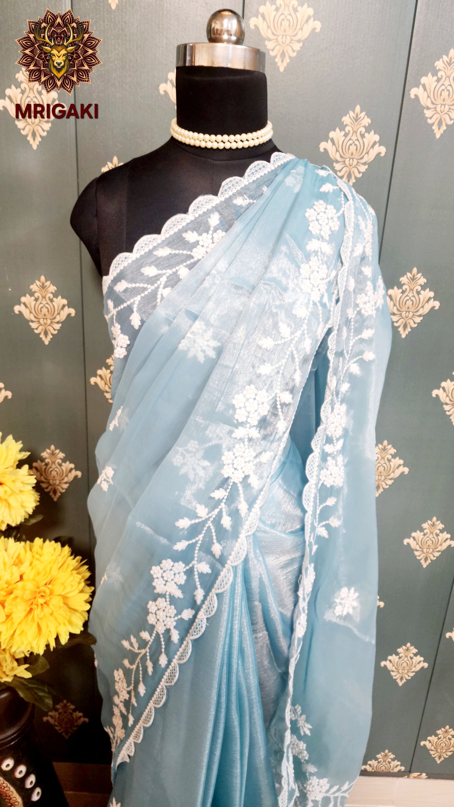 Jimmy Choo Fabric with Flower pattern White Pearl (Moti) work on borders & butti inside