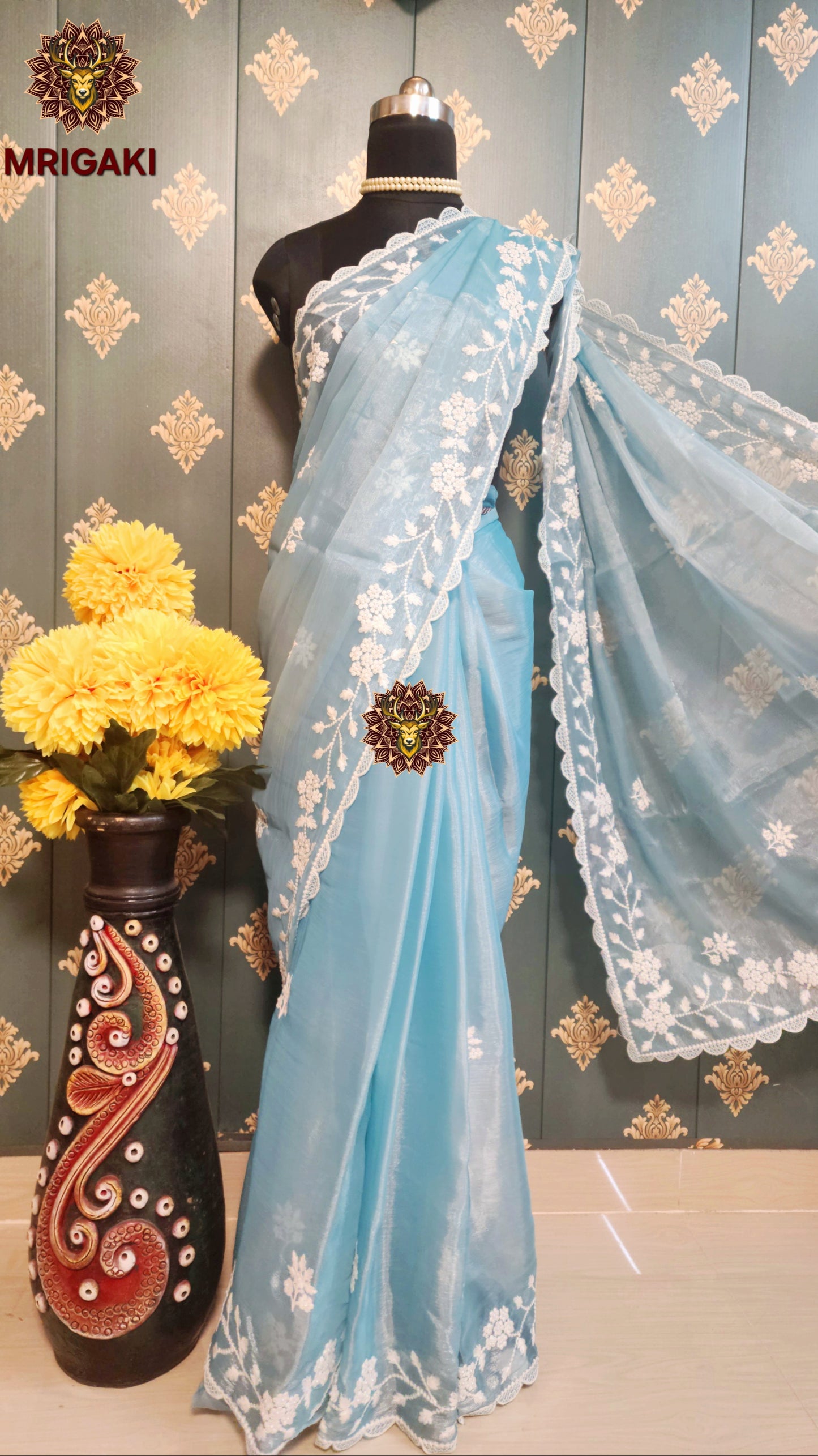 Jimmy Choo Fabric with Flower pattern White Pearl (Moti) work on borders & butti inside