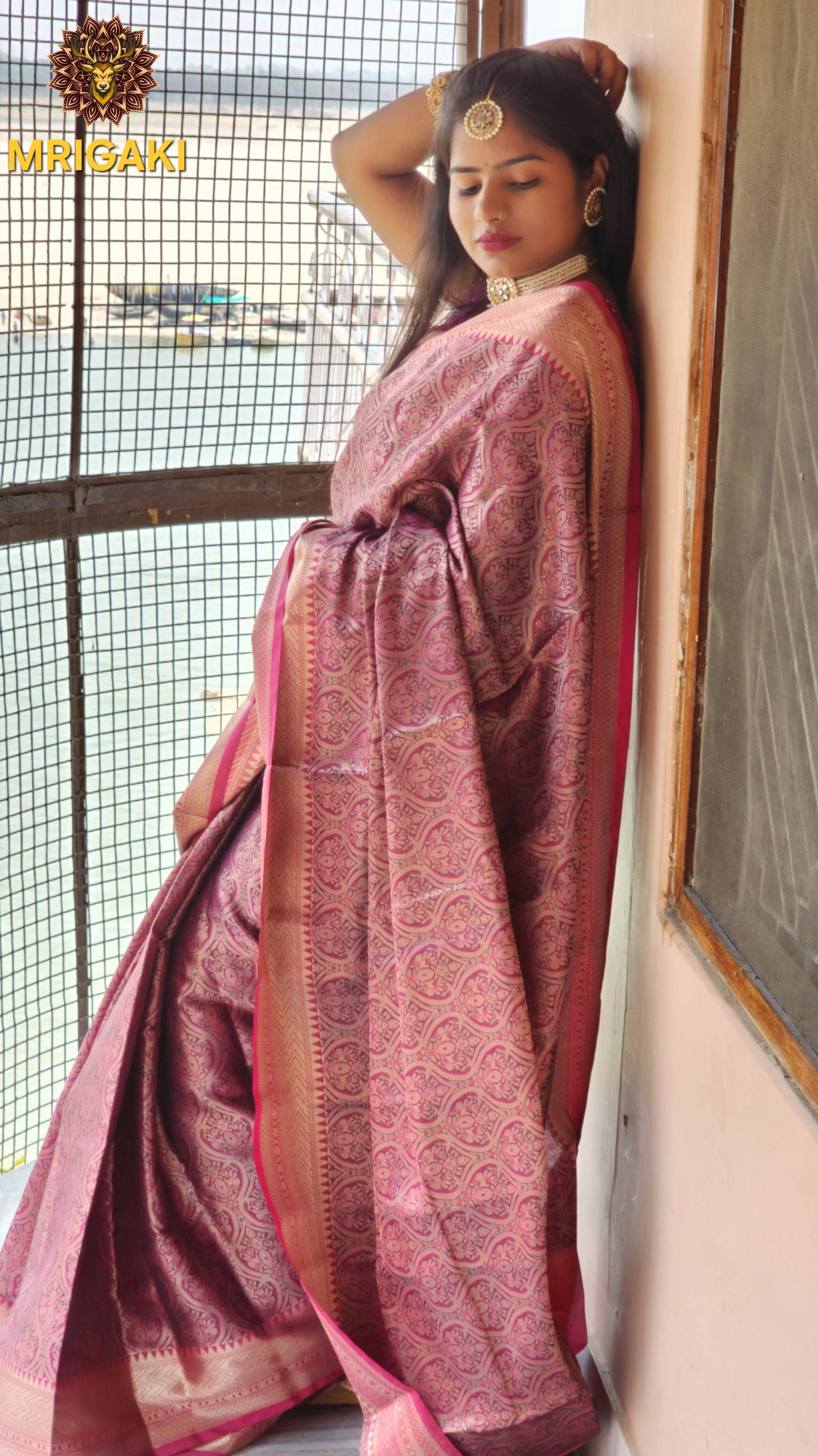 Minakari Tanchoi Semi-Katan Silk Easy drape Rani Pink Saree with Designer blouse