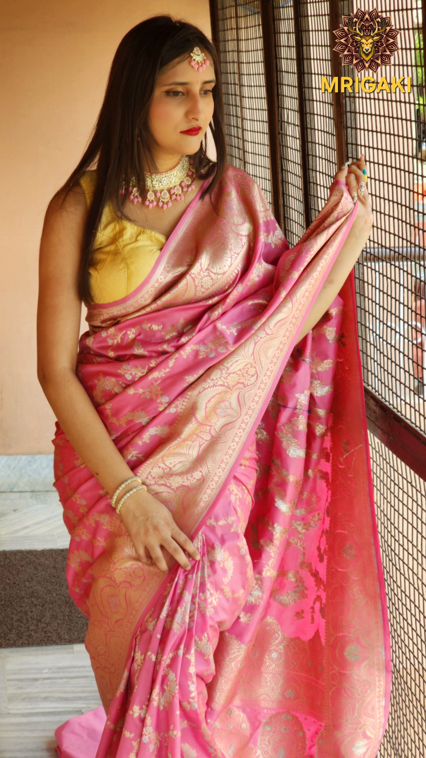 Baby Pink Banarasi Kadhwa Silk Saree with Silver & Golden thread Handweaving work