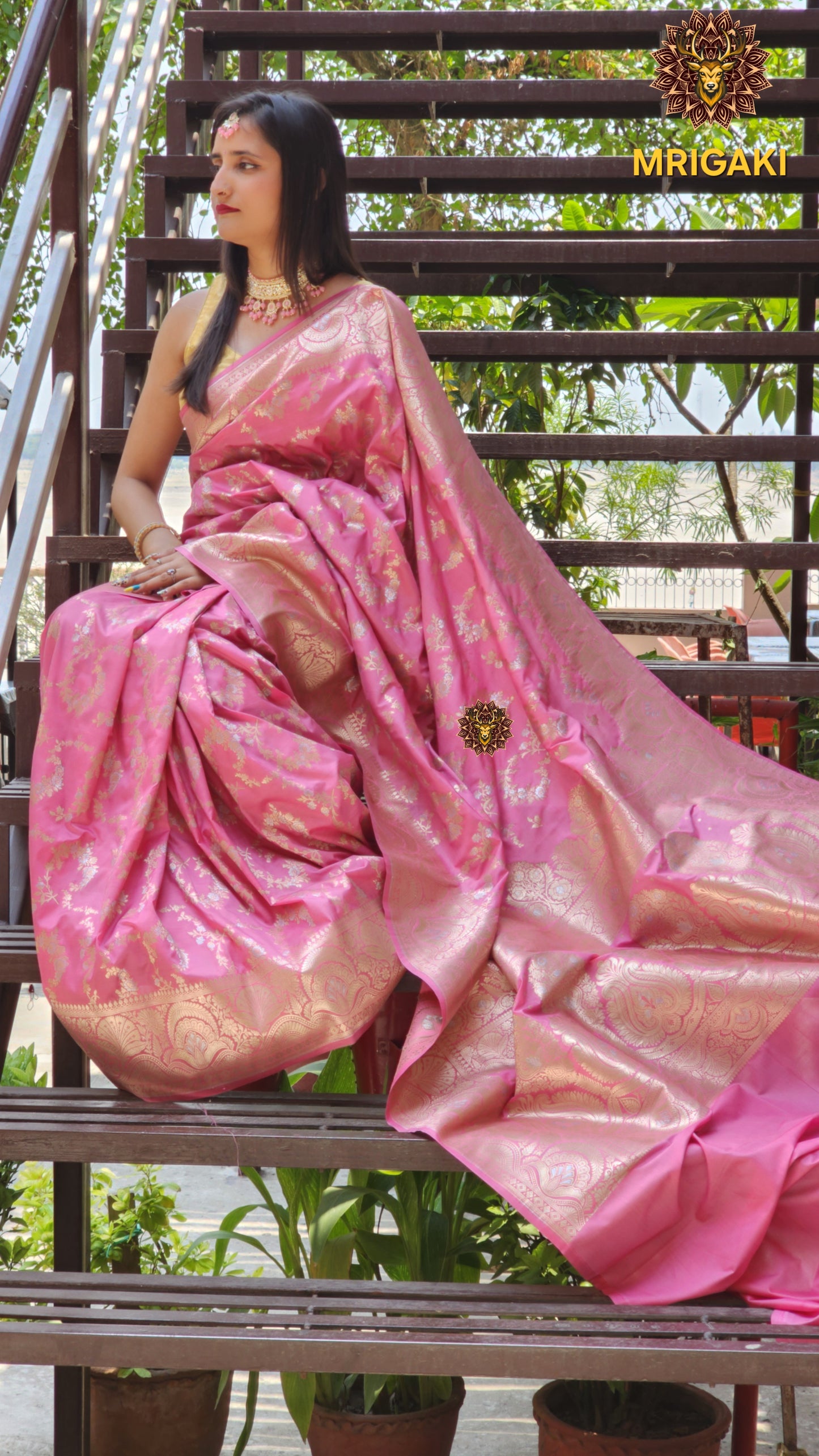 Baby Pink Banarasi Kadhwa Silk Saree with Silver & Golden thread Handweaving work