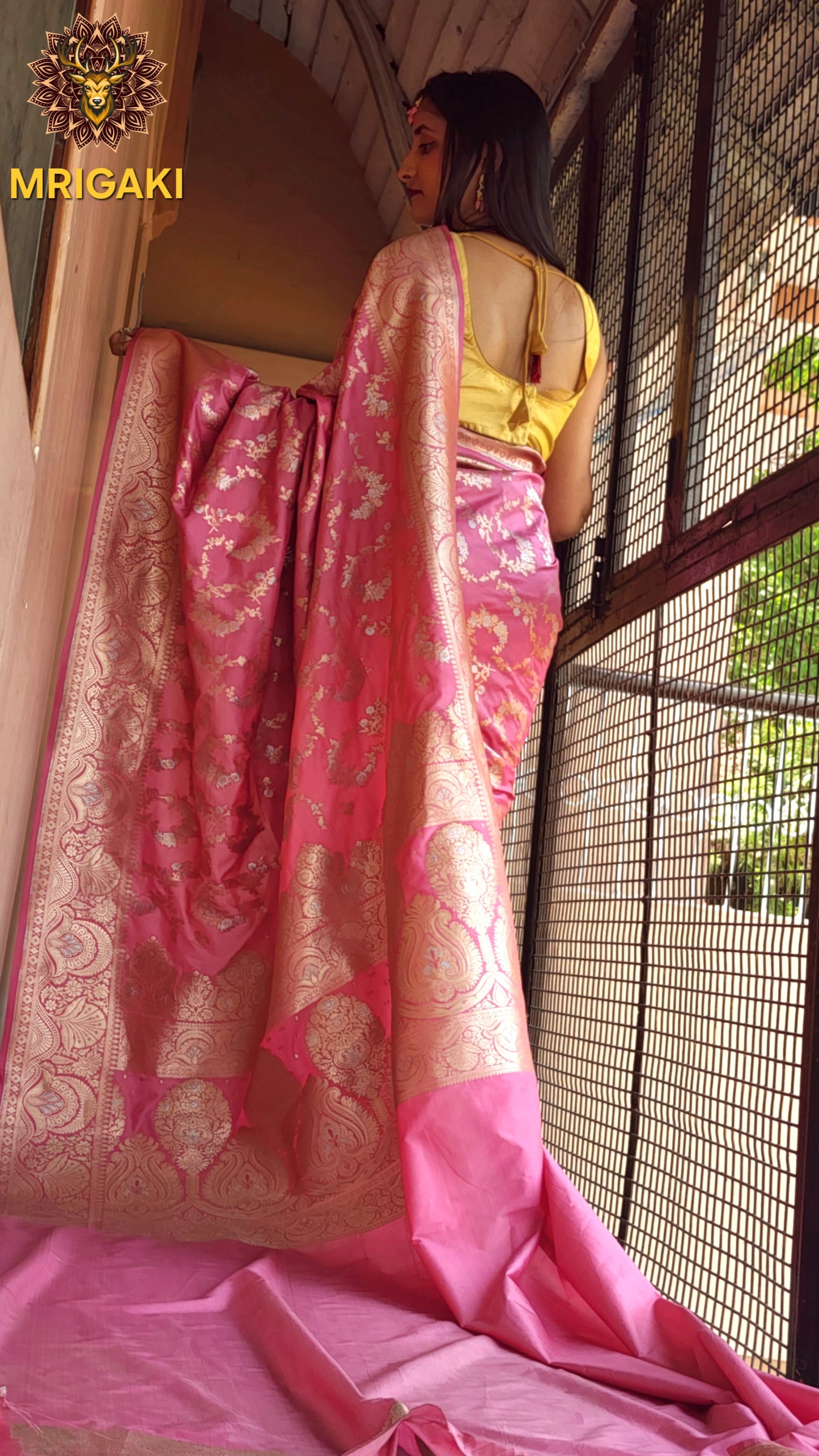 Baby Pink Banarasi Kadhwa Silk Saree with Silver & Golden thread Handweaving work
