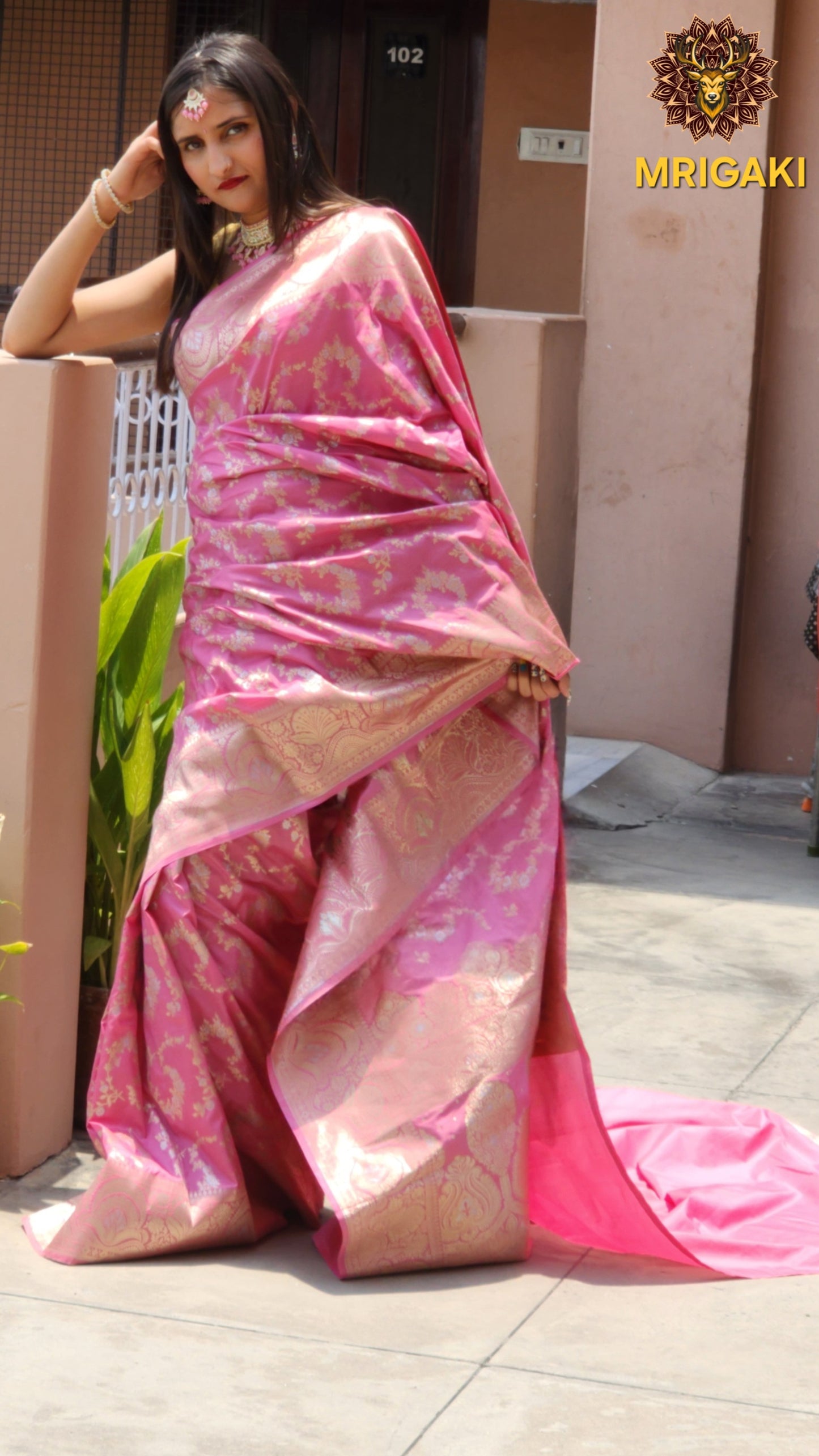 Baby Pink Banarasi Kadhwa Silk Saree with Silver & Golden thread Handweaving work