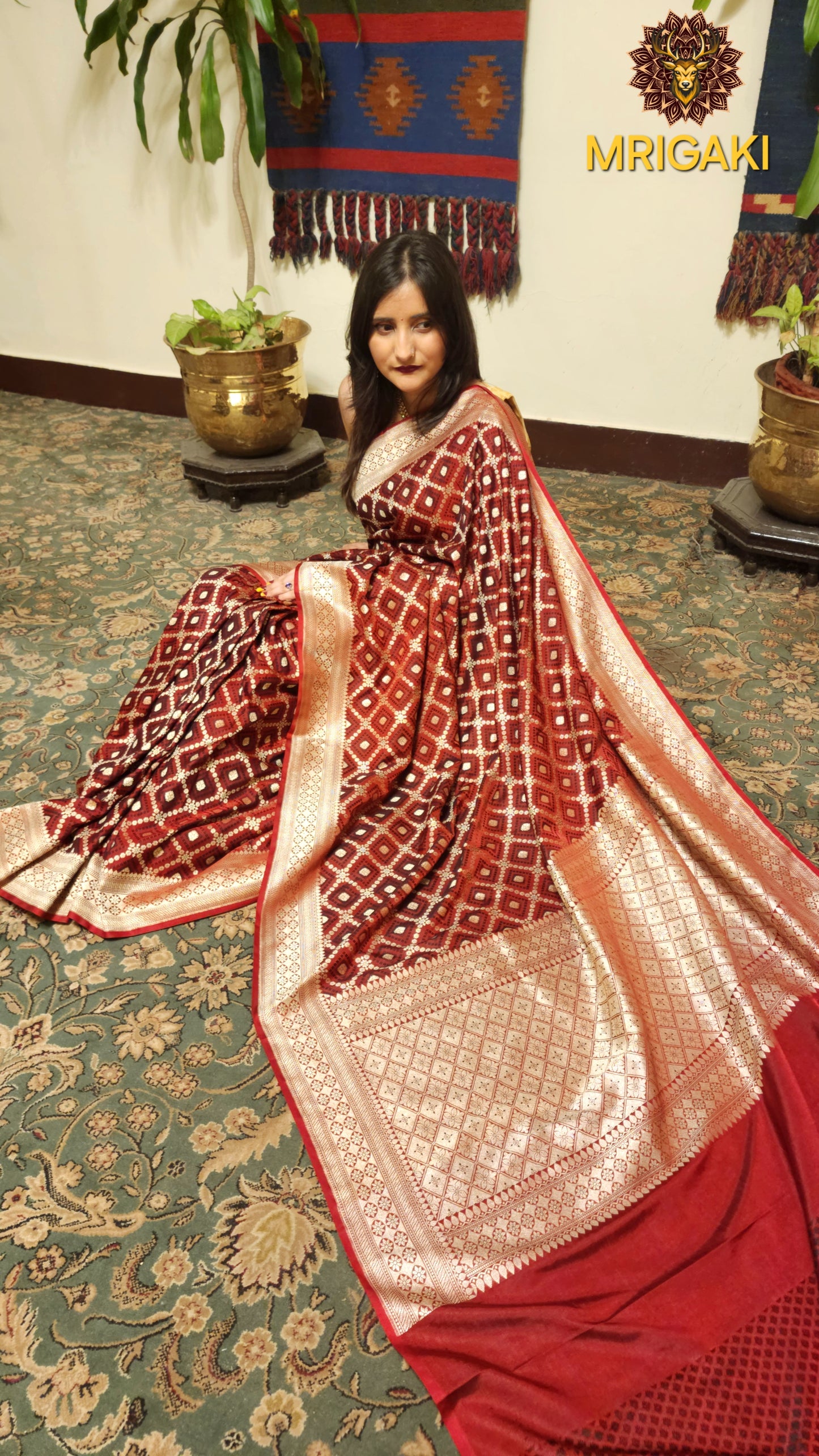 Pure Dupion Silk Banarasi Saree in Black Maroon contrast with Golden Cheques