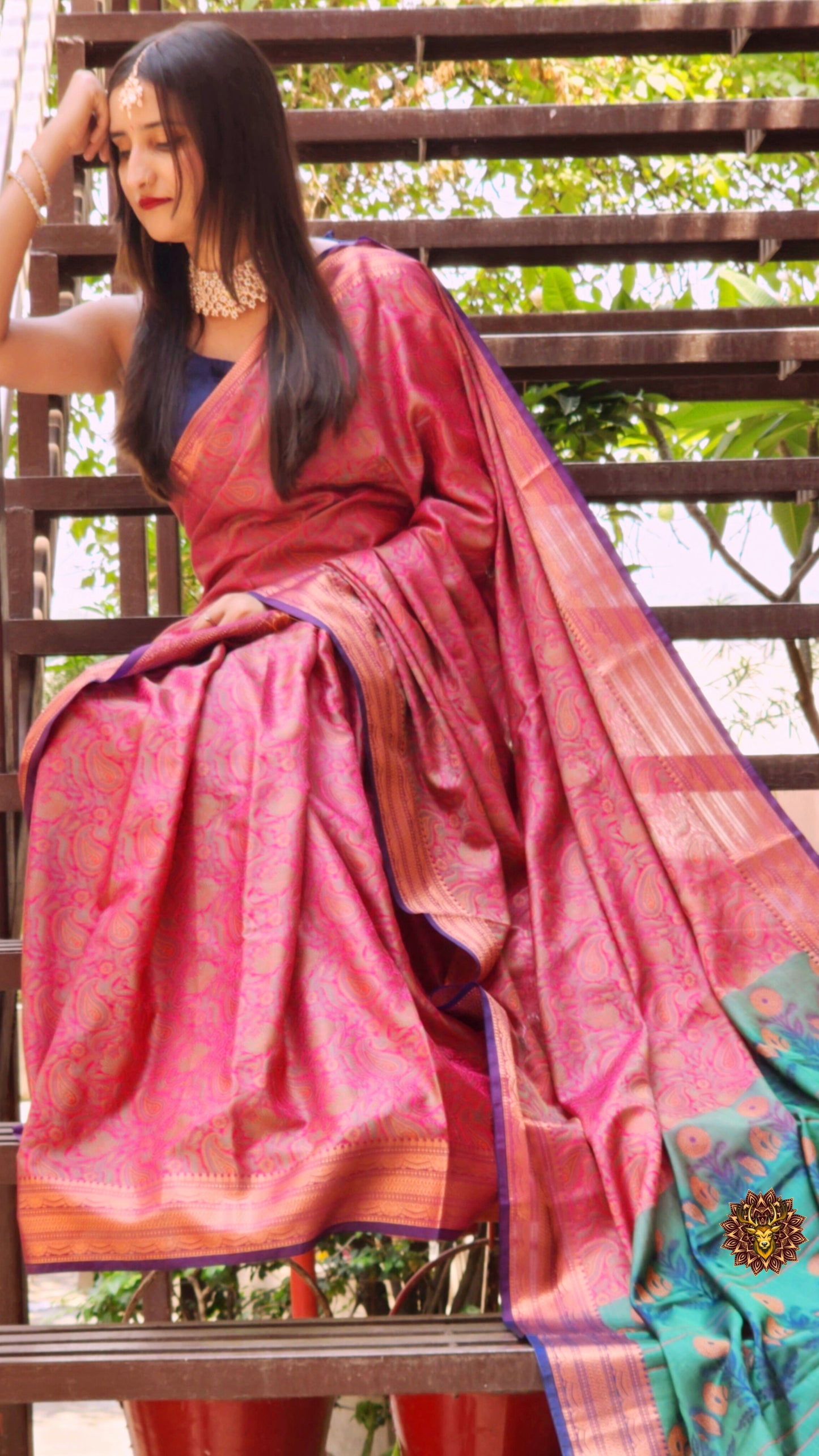 Warm Silk Jamawar Banarasi Saree in Rani pink & Royal blue contrast colors