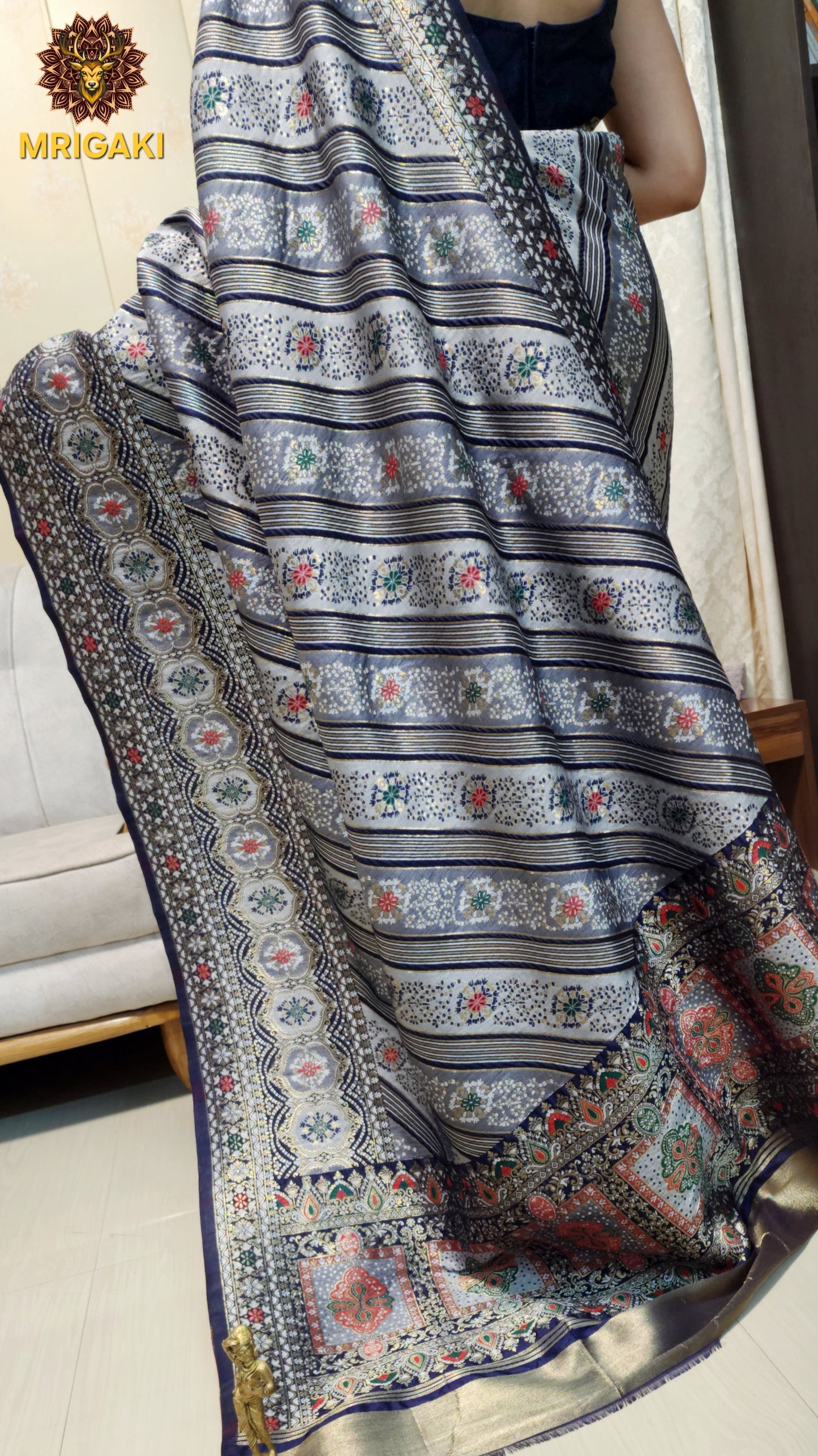 Multicolor Minakari Handwoven Banarasi Silk Saree with geometrical lines all over